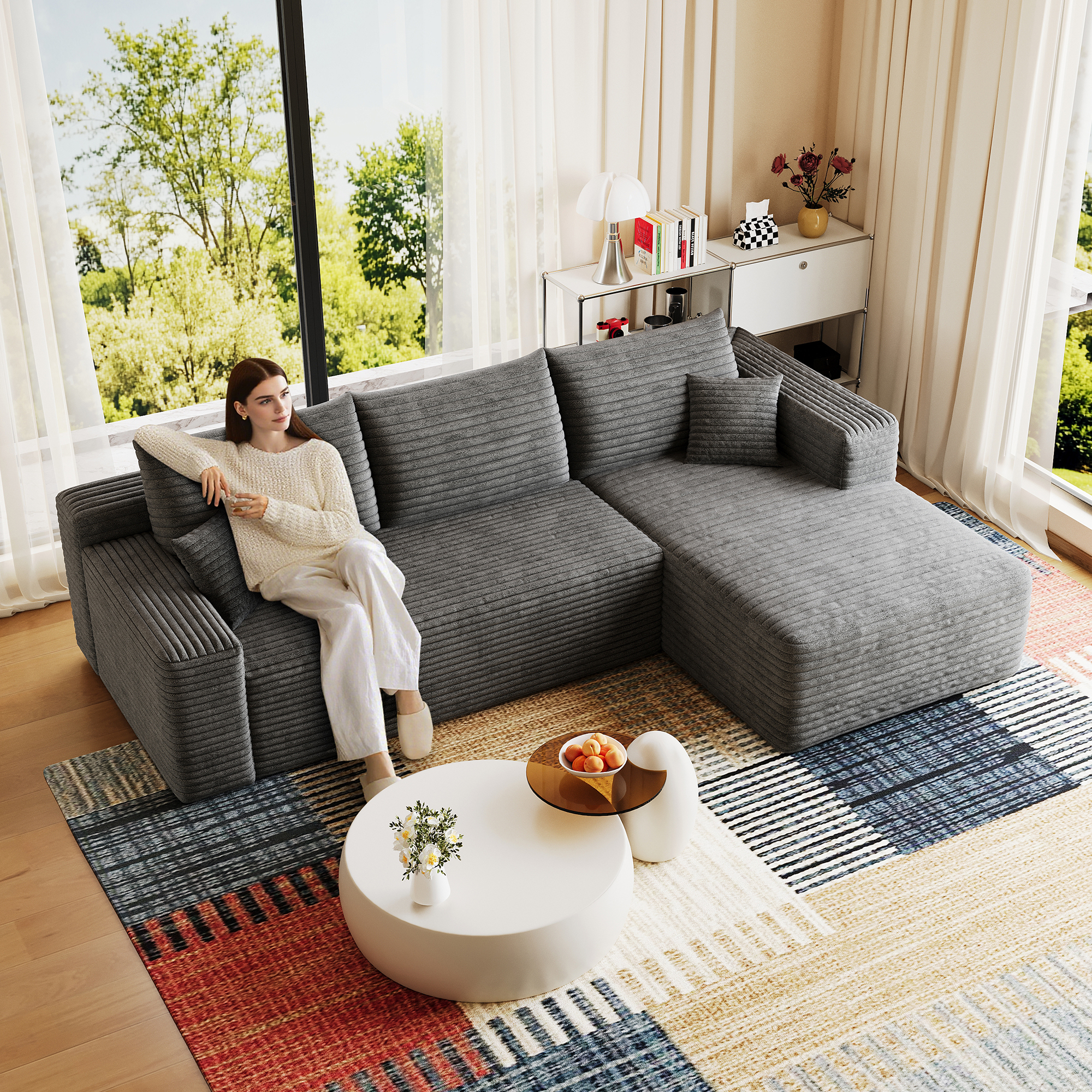 95" Cloud Sectional Sofa,Modern Minimalist Upholstered Couches, Comfort U Shaped Sofa for Living Room,Deep Seat Corner Couch,No Assembly Required,Dark Grey( (Plush Corduroy Fabric) - Image 3