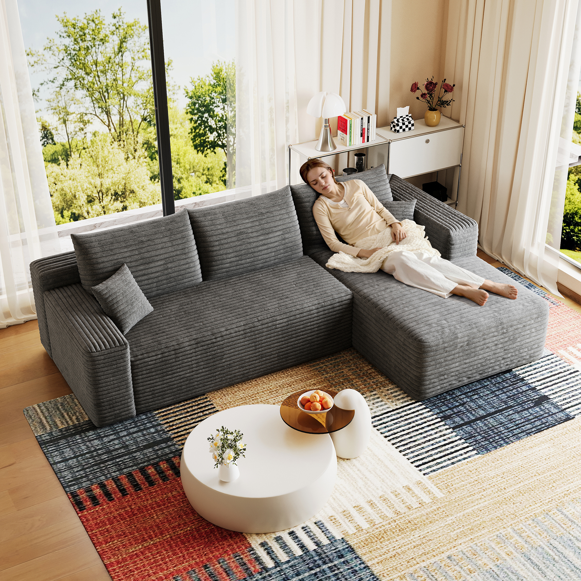 95" Cloud Sectional Sofa,Modern Minimalist Upholstered Couches, Comfort U Shaped Sofa for Living Room,Deep Seat Corner Couch,No Assembly Required,Dark Grey( (Plush Corduroy Fabric) - Image 4