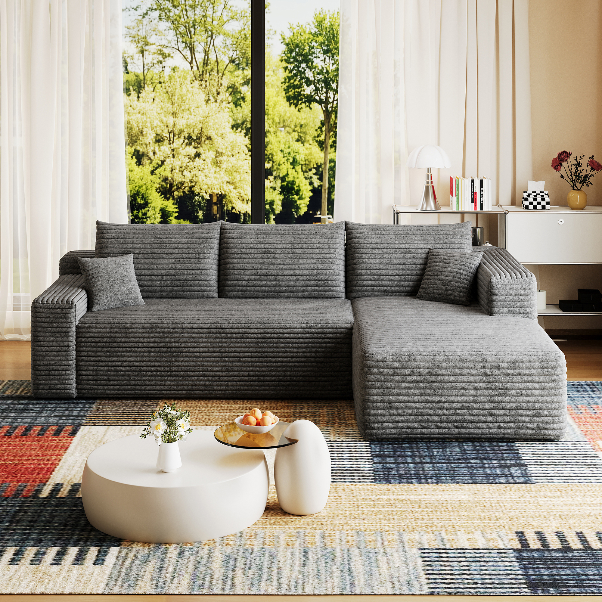 95" Cloud Sectional Sofa,Modern Minimalist Upholstered Couches, Comfort U Shaped Sofa for Living Room,Deep Seat Corner Couch,No Assembly Required,Dark Grey( (Plush Corduroy Fabric) - Image 5