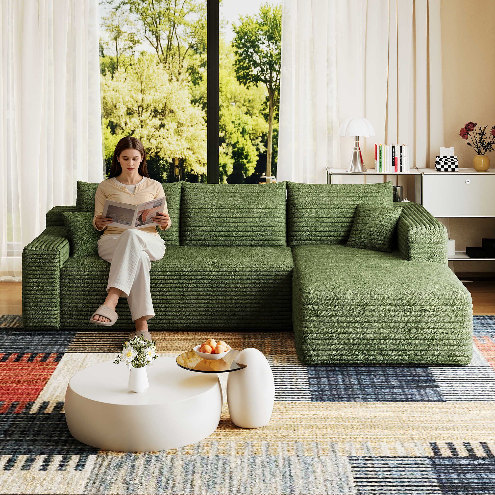 95" Cloud Sectional Sofa,Modern Minimalist Upholstered Couches, Comfort U Shaped Sofa for Living Room,Deep Seat Corner Couch,No Assembly Required,Green( (Plush Corduroy Fabric) - Image 2