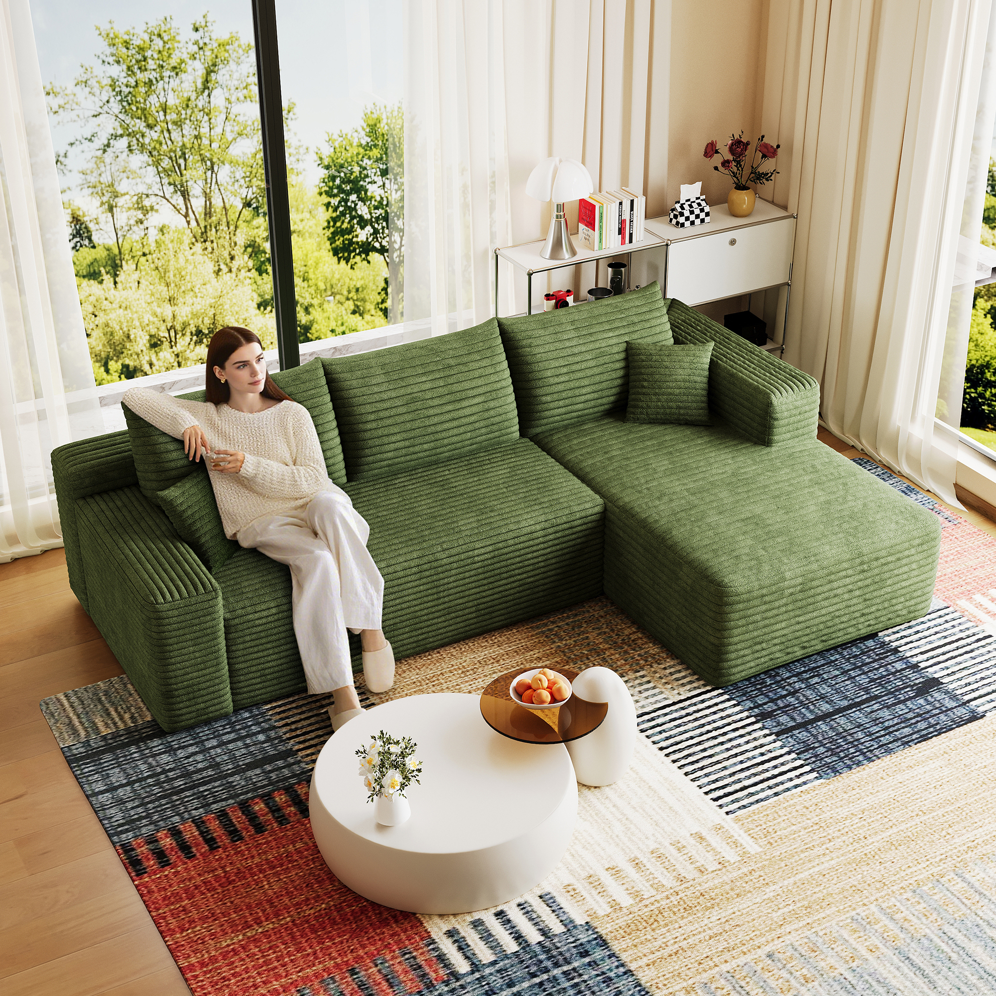 95" Cloud Sectional Sofa,Modern Minimalist Upholstered Couches, Comfort U Shaped Sofa for Living Room,Deep Seat Corner Couch,No Assembly Required,Green( (Plush Corduroy Fabric) - Image 3