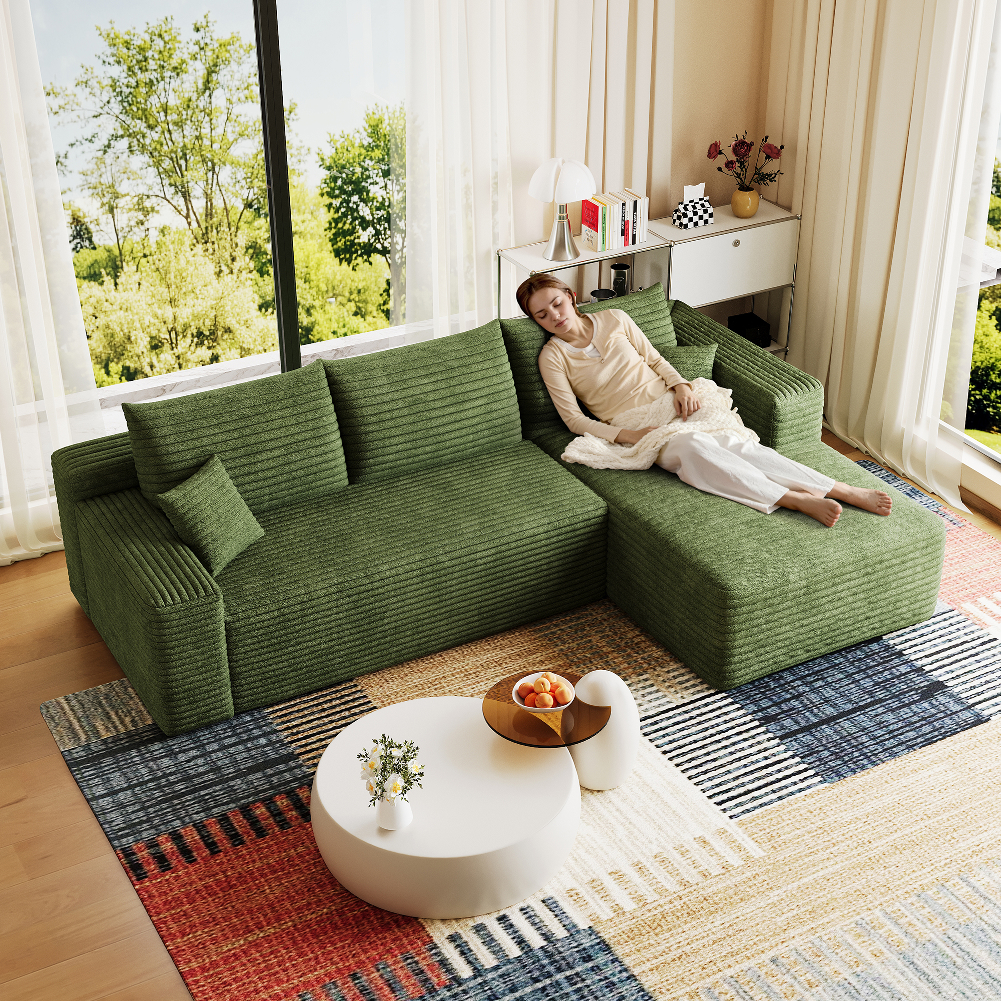 95" Cloud Sectional Sofa,Modern Minimalist Upholstered Couches, Comfort U Shaped Sofa for Living Room,Deep Seat Corner Couch,No Assembly Required,Green( (Plush Corduroy Fabric) - Image 4