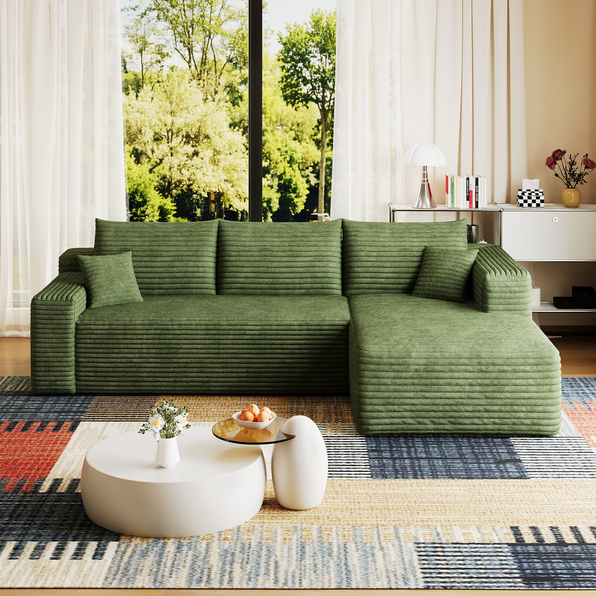 95" Cloud Sectional Sofa,Modern Minimalist Upholstered Couches, Comfort U Shaped Sofa for Living Room,Deep Seat Corner Couch,No Assembly Required,Green( (Plush Corduroy Fabric) - Image 5