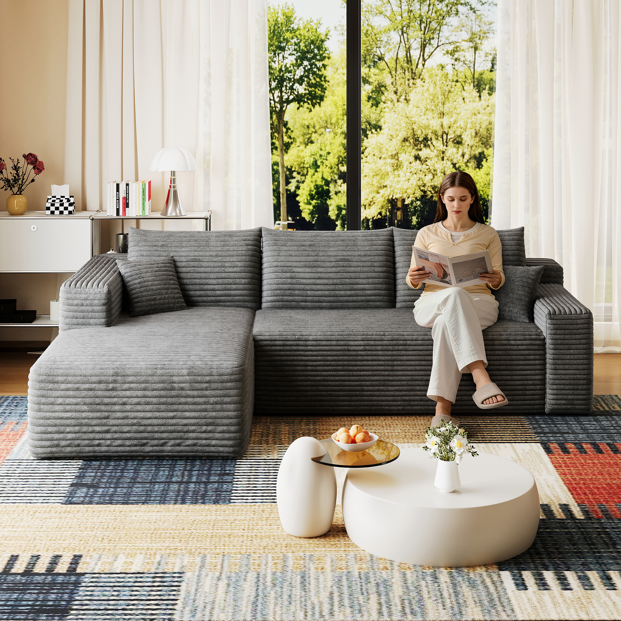 95" Cloud Sectional Sofa,Modern Minimalist Upholstered Couches, Comfort U Shaped Sofa for Living Room,Deep Seat Corner Couch,No Assembly Required,Dark Grey( (Plush Corduroy Fabric) - Image 2