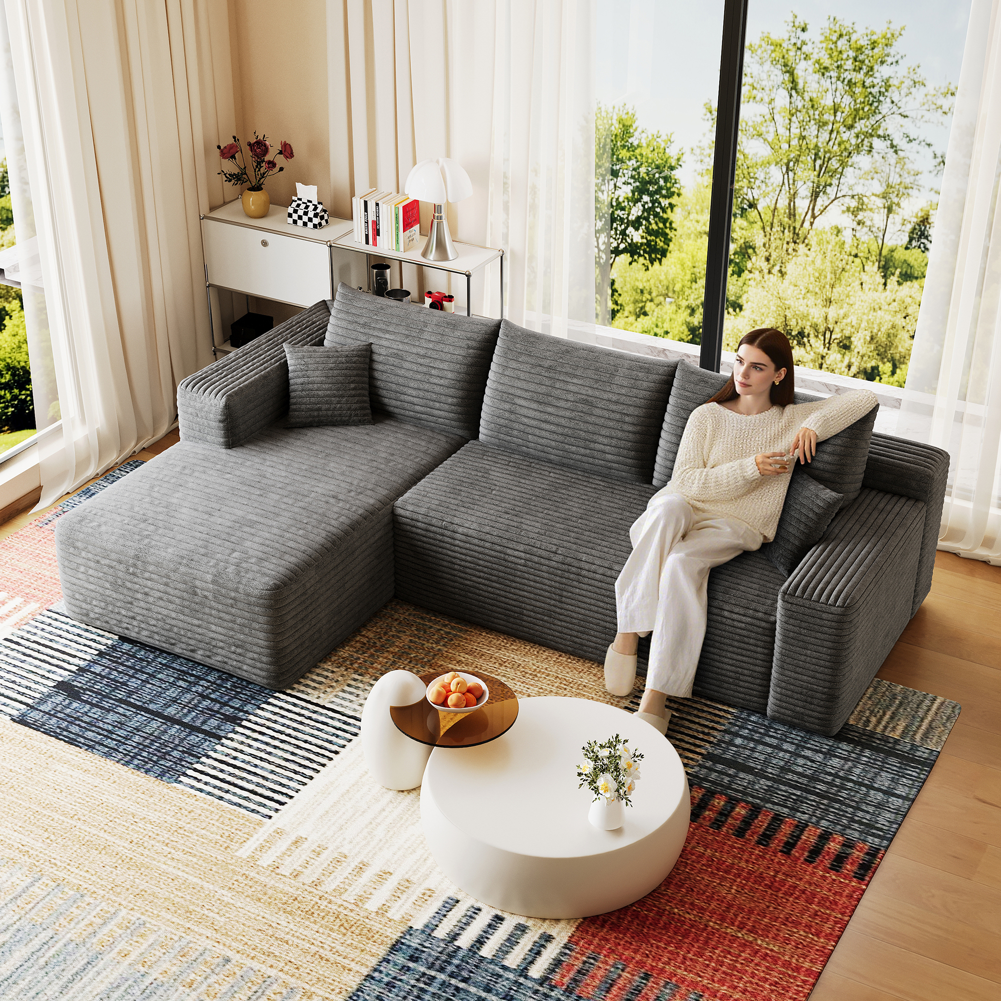 95" Cloud Sectional Sofa,Modern Minimalist Upholstered Couches, Comfort U Shaped Sofa for Living Room,Deep Seat Corner Couch,No Assembly Required,Dark Grey( (Plush Corduroy Fabric) - Image 3