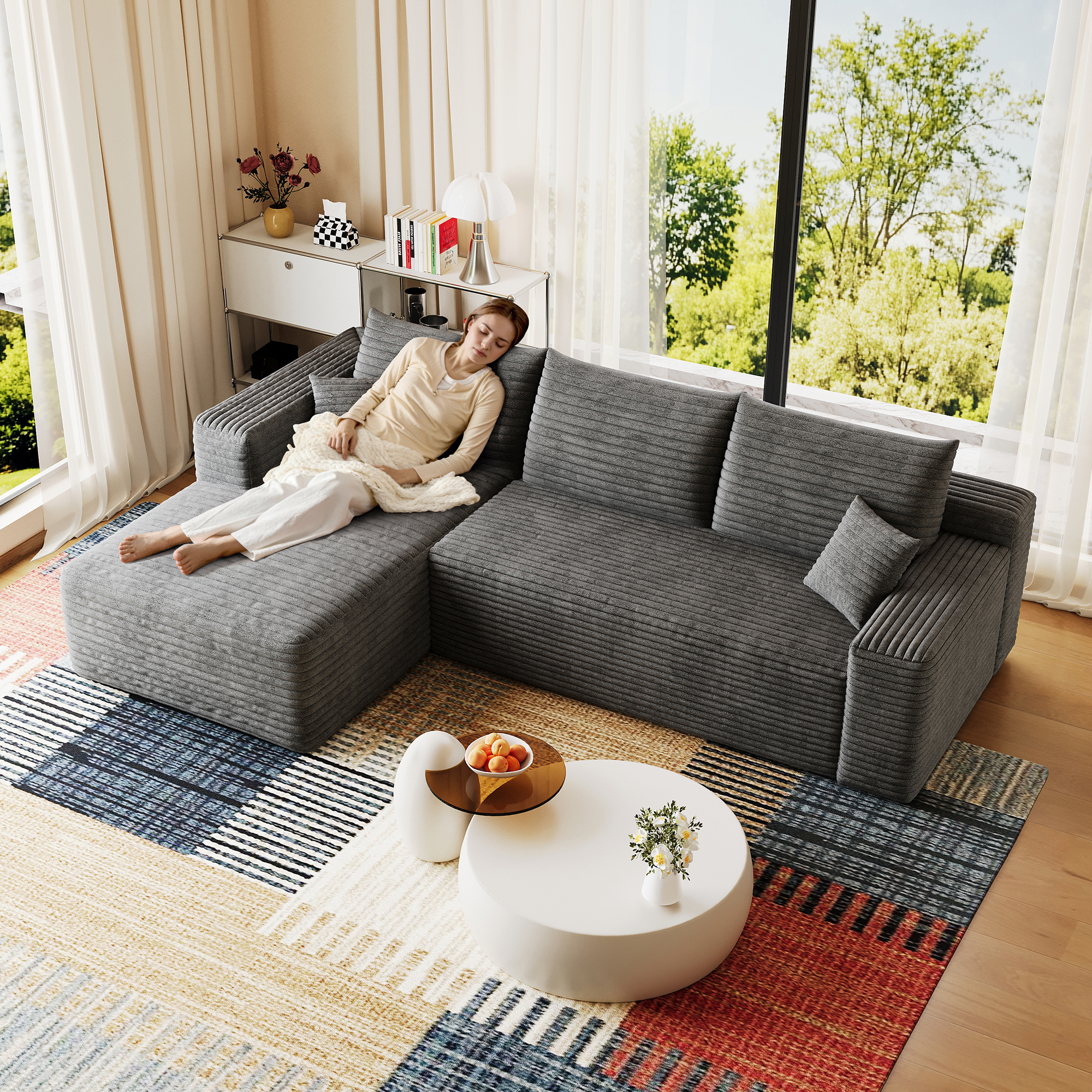 95" Cloud Sectional Sofa,Modern Minimalist Upholstered Couches, Comfort U Shaped Sofa for Living Room,Deep Seat Corner Couch,No Assembly Required,Dark Grey( (Plush Corduroy Fabric) - Image 4