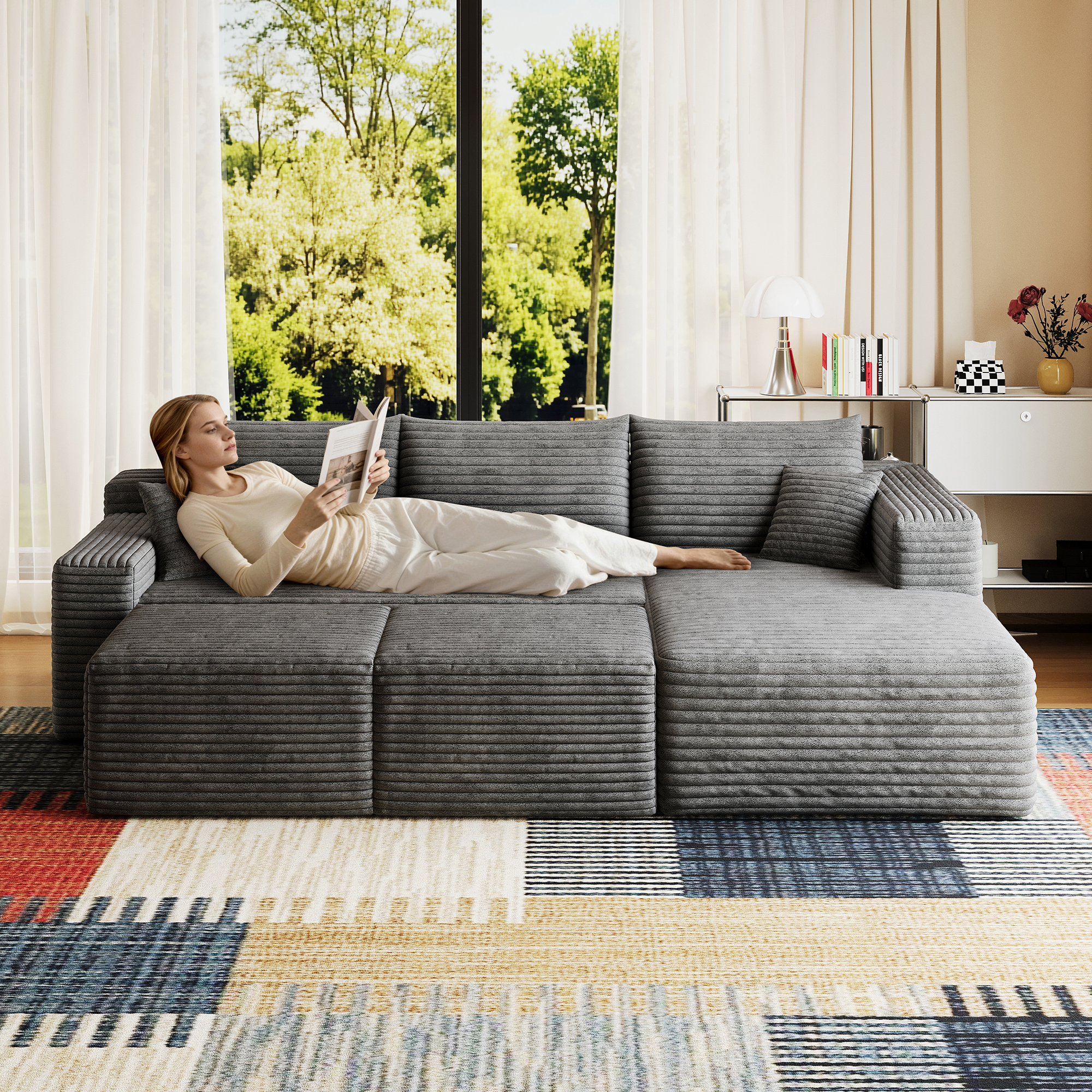 95" Cloud Sectional Sofa with 2 Ottoman,Modern Minimalist Upholstered Couches, Comfort U Shaped Sofa for Living Room,Deep Seat Corner Couch,No Assembly Required,Dark Grey(Plush Corduroy Fabric) - Image 2
