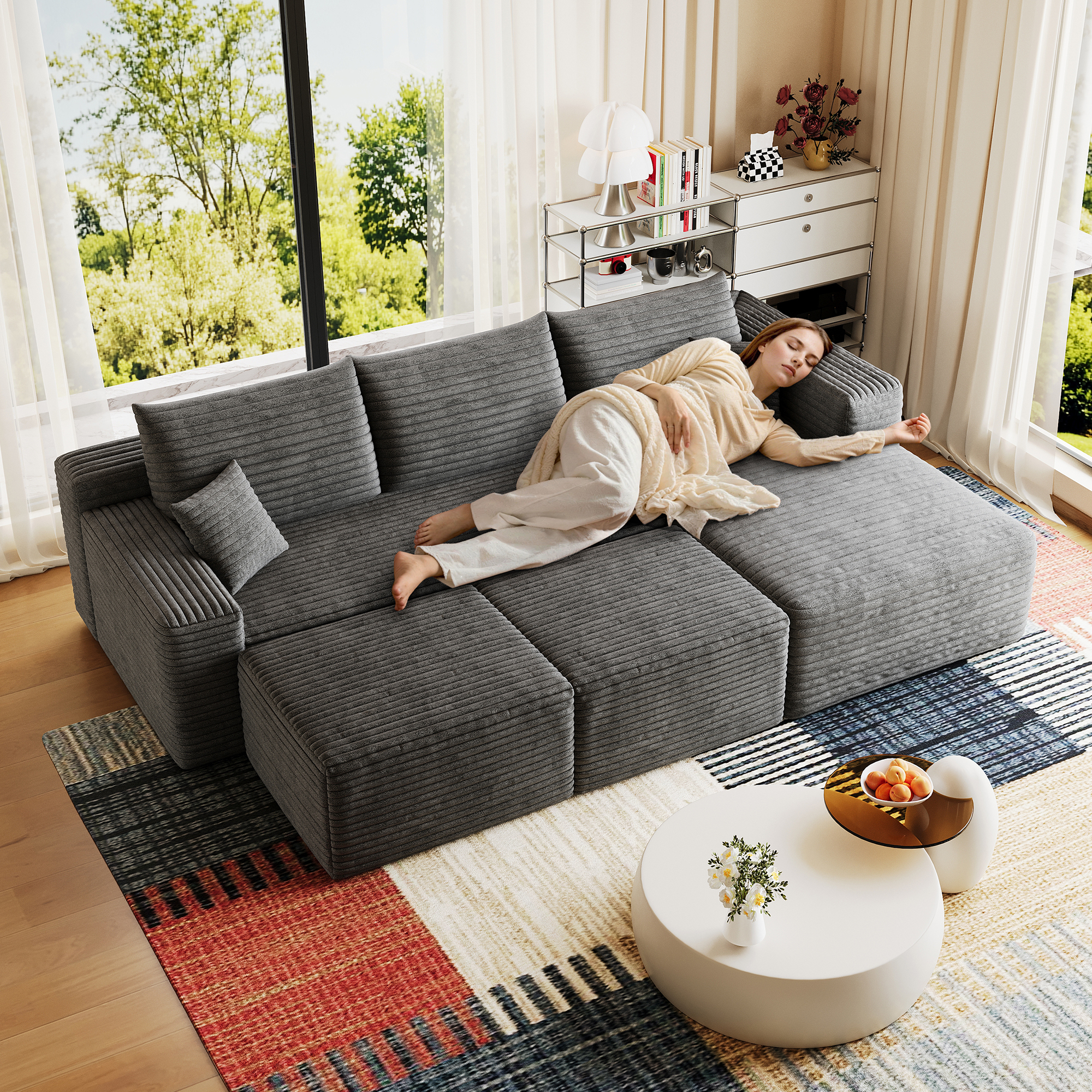 95" Cloud Sectional Sofa with 2 Ottoman,Modern Minimalist Upholstered Couches, Comfort U Shaped Sofa for Living Room,Deep Seat Corner Couch,No Assembly Required,Dark Grey(Plush Corduroy Fabric) - Image 3