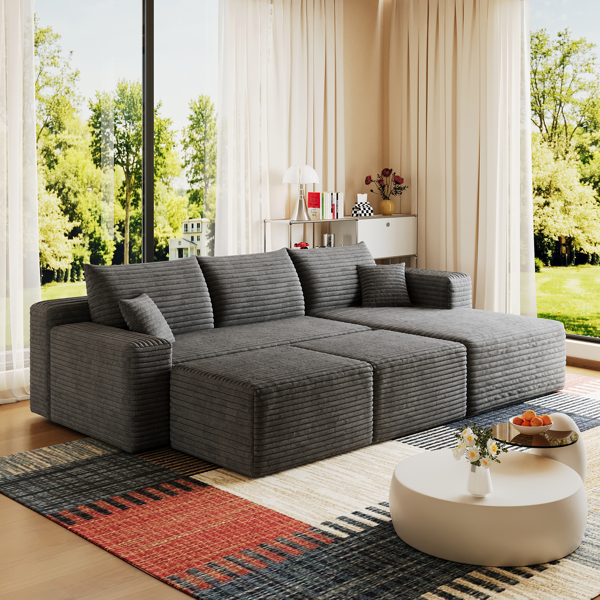95" Cloud Sectional Sofa with 2 Ottoman,Modern Minimalist Upholstered Couches, Comfort U Shaped Sofa for Living Room,Deep Seat Corner Couch,No Assembly Required,Dark Grey(Plush Corduroy Fabric) - Image 4
