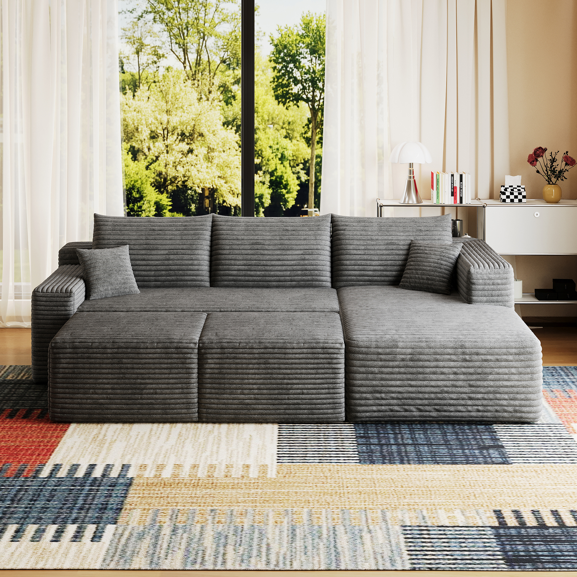 95" Cloud Sectional Sofa with 2 Ottoman,Modern Minimalist Upholstered Couches, Comfort U Shaped Sofa for Living Room,Deep Seat Corner Couch,No Assembly Required,Dark Grey(Plush Corduroy Fabric) - Image 5