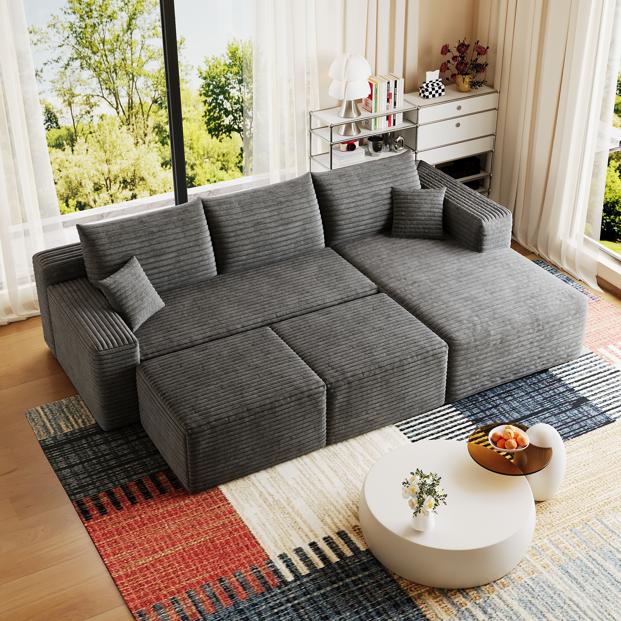 95" Cloud Sectional Sofa with 2 Ottoman,Modern Minimalist Upholstered Couches, Comfort U Shaped Sofa for Living Room,Deep Seat Corner Couch,No Assembly Required,Dark Grey(Plush Corduroy Fabric) - Image 6