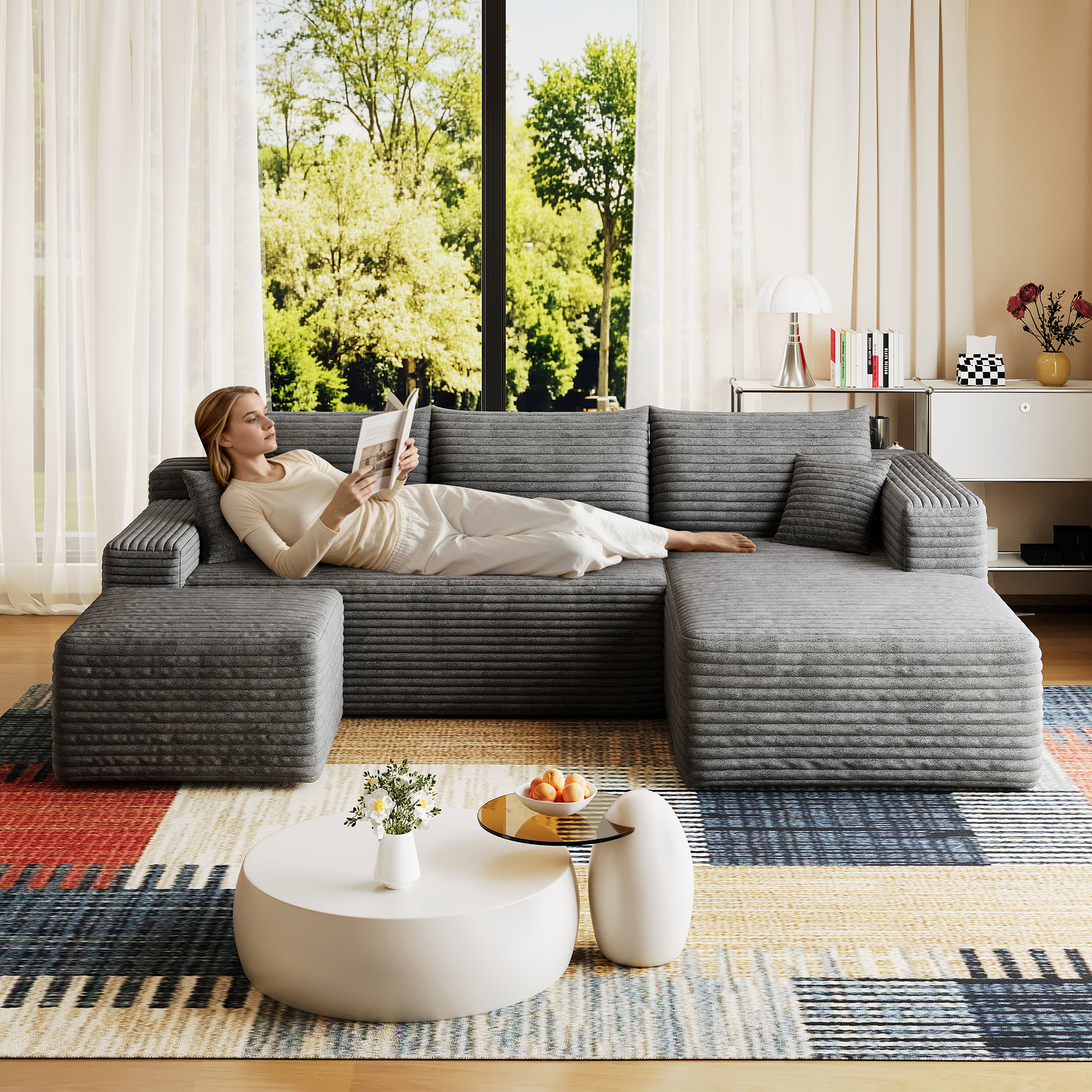 95" Cloud Sectional Sofa with 1 Ottoman,Modern Minimalist Upholstered Couches, Comfort U Shaped Sofa for Living Room,Deep Seat Corner Couch,No Assembly Required,Dark Grey((Plush Corduroy Fabric) - Image 2