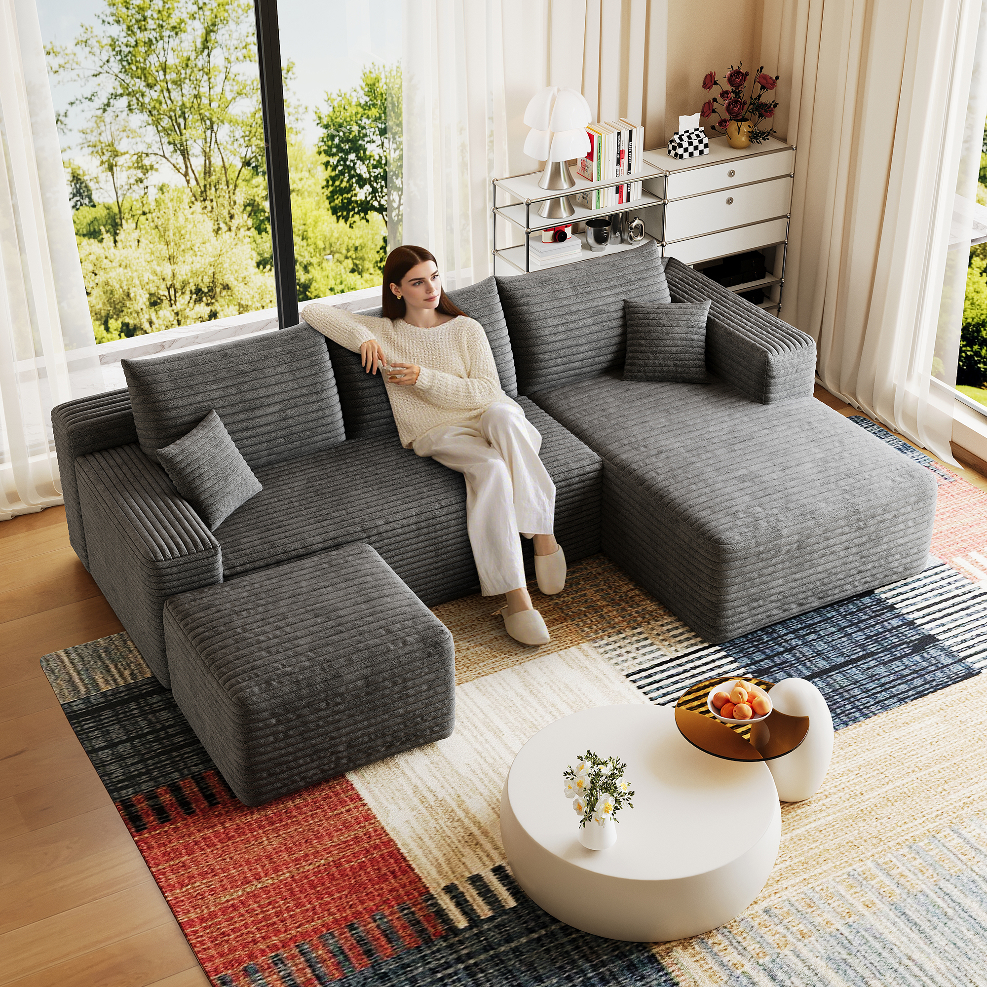 95" Cloud Sectional Sofa with 1 Ottoman,Modern Minimalist Upholstered Couches, Comfort U Shaped Sofa for Living Room,Deep Seat Corner Couch,No Assembly Required,Dark Grey((Plush Corduroy Fabric) - Image 3