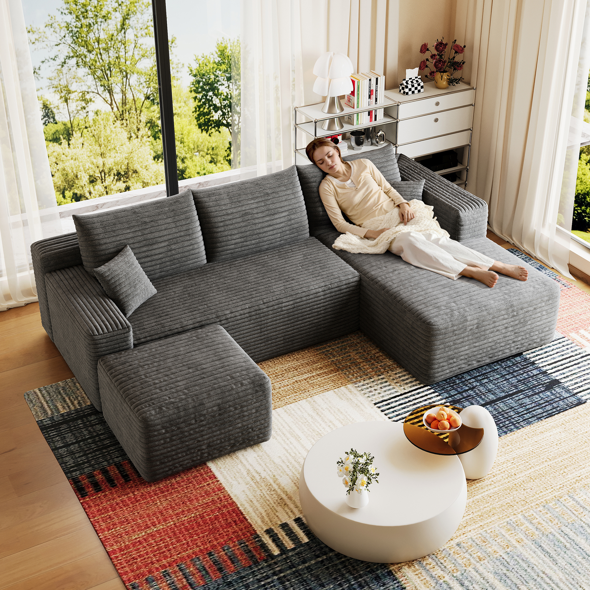 95" Cloud Sectional Sofa with 1 Ottoman,Modern Minimalist Upholstered Couches, Comfort U Shaped Sofa for Living Room,Deep Seat Corner Couch,No Assembly Required,Dark Grey((Plush Corduroy Fabric) - Image 4
