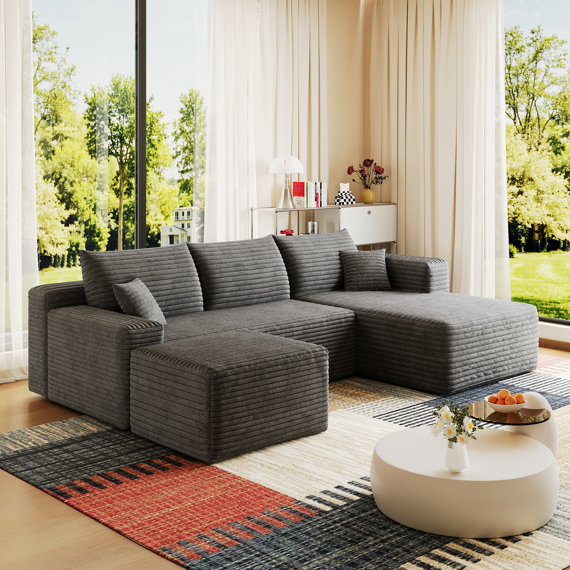 95" Cloud Sectional Sofa with 1 Ottoman,Modern Minimalist Upholstered Couches, Comfort U Shaped Sofa for Living Room,Deep Seat Corner Couch,No Assembly Required,Dark Grey((Plush Corduroy Fabric) - Image 5