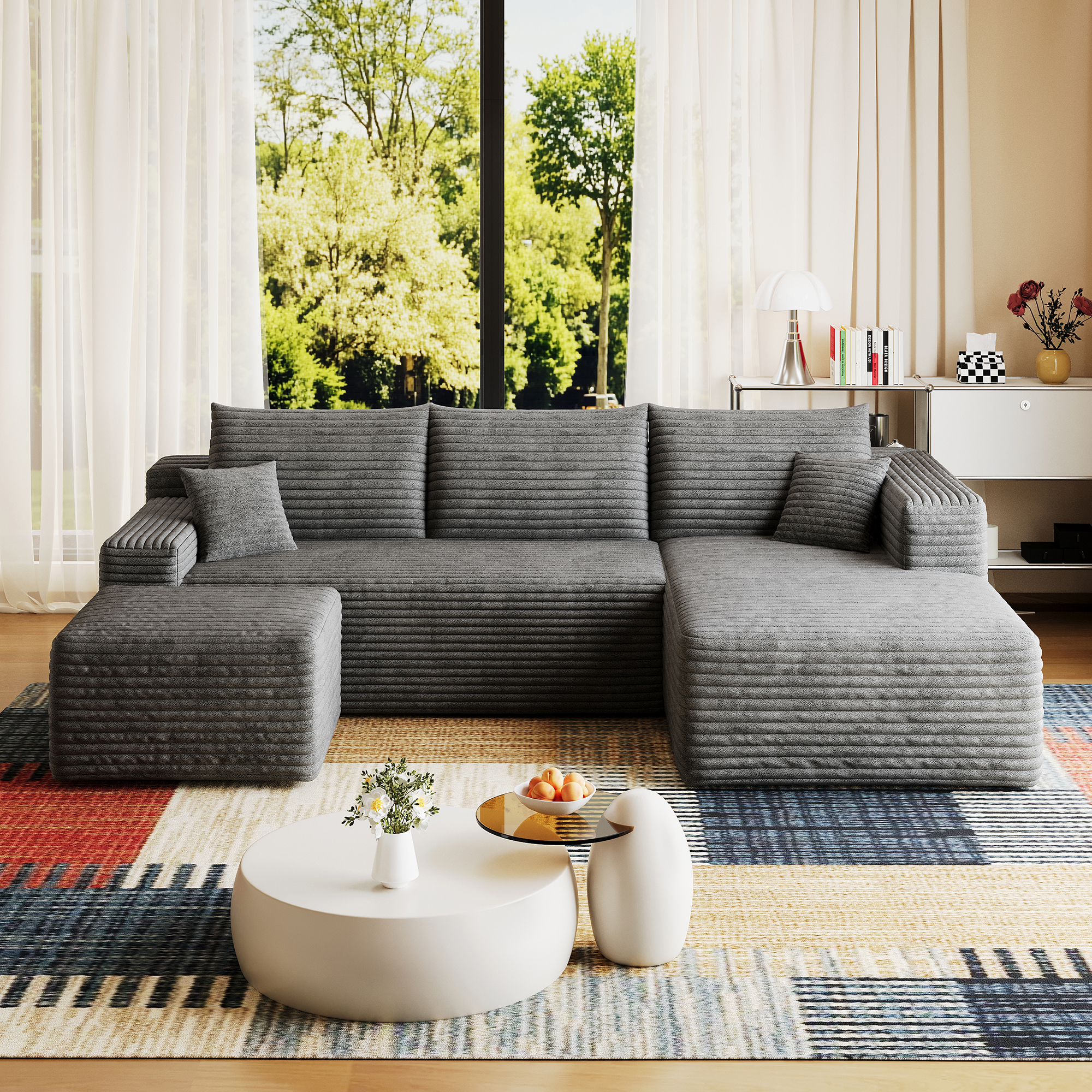 95" Cloud Sectional Sofa with 1 Ottoman,Modern Minimalist Upholstered Couches, Comfort U Shaped Sofa for Living Room,Deep Seat Corner Couch,No Assembly Required,Dark Grey((Plush Corduroy Fabric) - Image 6