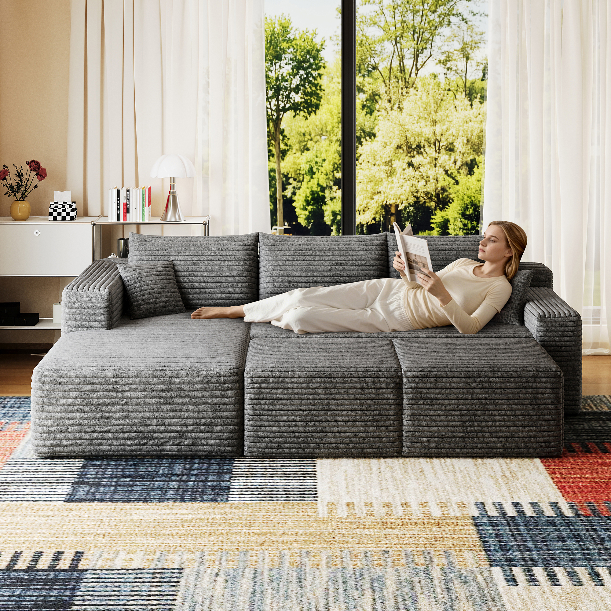 95" Cloud Sectional Sofa with 2 Ottoman,Modern Minimalist Upholstered Couches, Comfort U Shaped Sofa for Living Room,Deep Seat Corner Couch,No Assembly Required,Dark Grey(Plush Corduroy Fabric) - Image 2