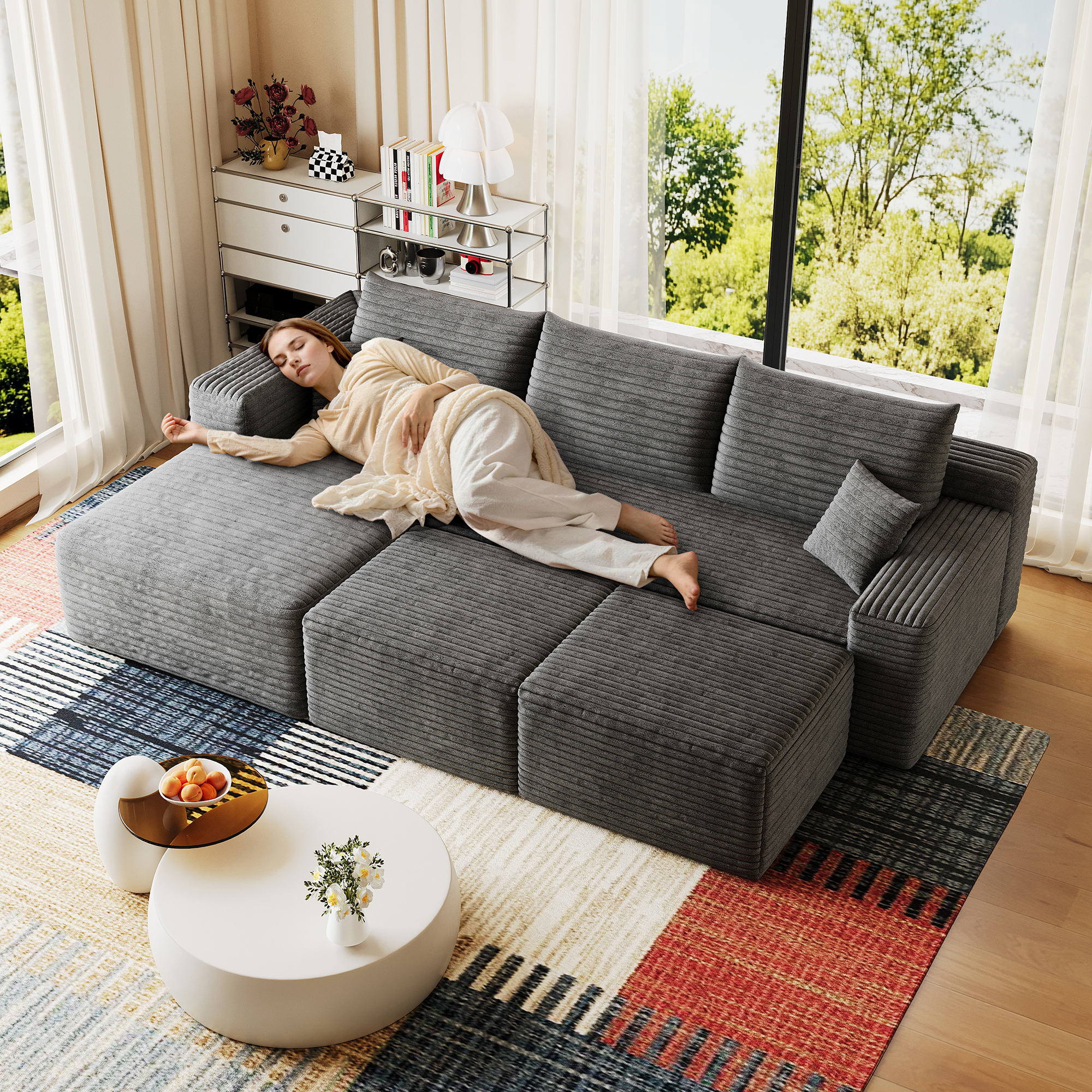 95" Cloud Sectional Sofa with 2 Ottoman,Modern Minimalist Upholstered Couches, Comfort U Shaped Sofa for Living Room,Deep Seat Corner Couch,No Assembly Required,Dark Grey(Plush Corduroy Fabric) - Image 3