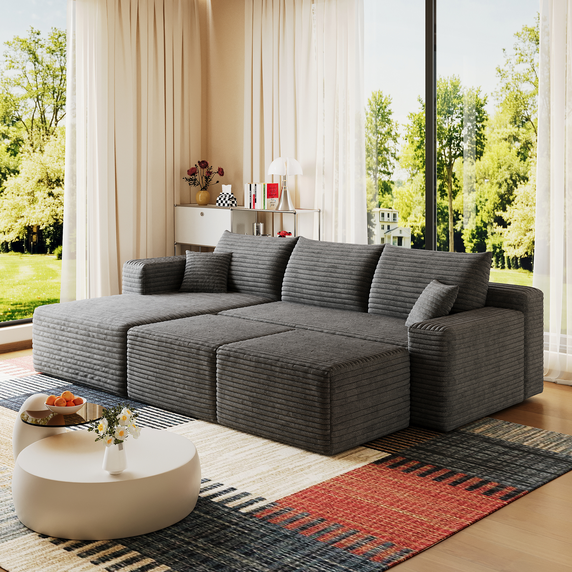 95" Cloud Sectional Sofa with 2 Ottoman,Modern Minimalist Upholstered Couches, Comfort U Shaped Sofa for Living Room,Deep Seat Corner Couch,No Assembly Required,Dark Grey(Plush Corduroy Fabric) - Image 4
