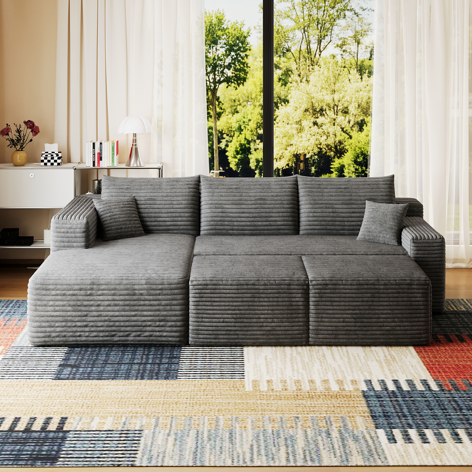 95" Cloud Sectional Sofa with 2 Ottoman,Modern Minimalist Upholstered Couches, Comfort U Shaped Sofa for Living Room,Deep Seat Corner Couch,No Assembly Required,Dark Grey(Plush Corduroy Fabric) - Image 5