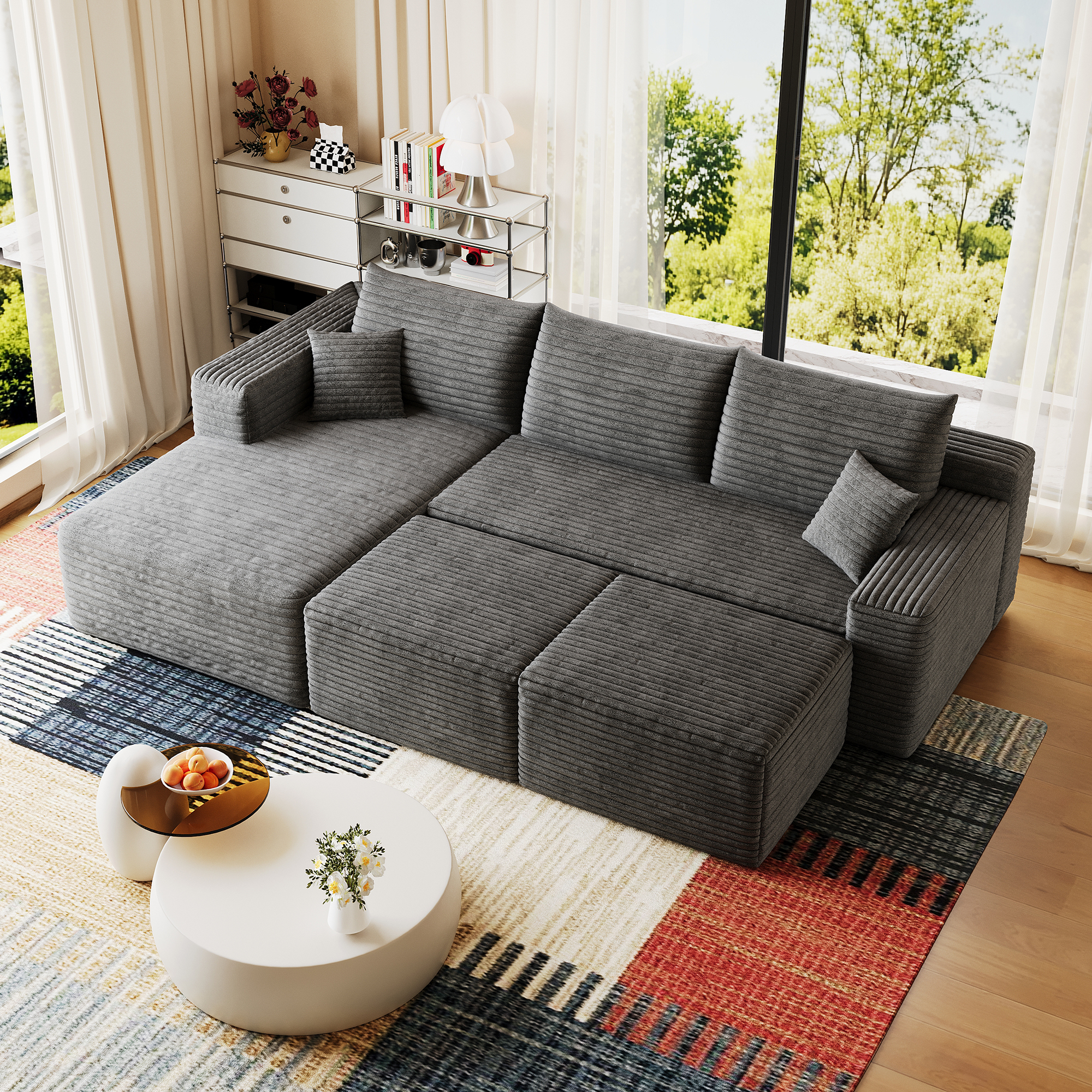 95" Cloud Sectional Sofa with 2 Ottoman,Modern Minimalist Upholstered Couches, Comfort U Shaped Sofa for Living Room,Deep Seat Corner Couch,No Assembly Required,Dark Grey(Plush Corduroy Fabric) - Image 6