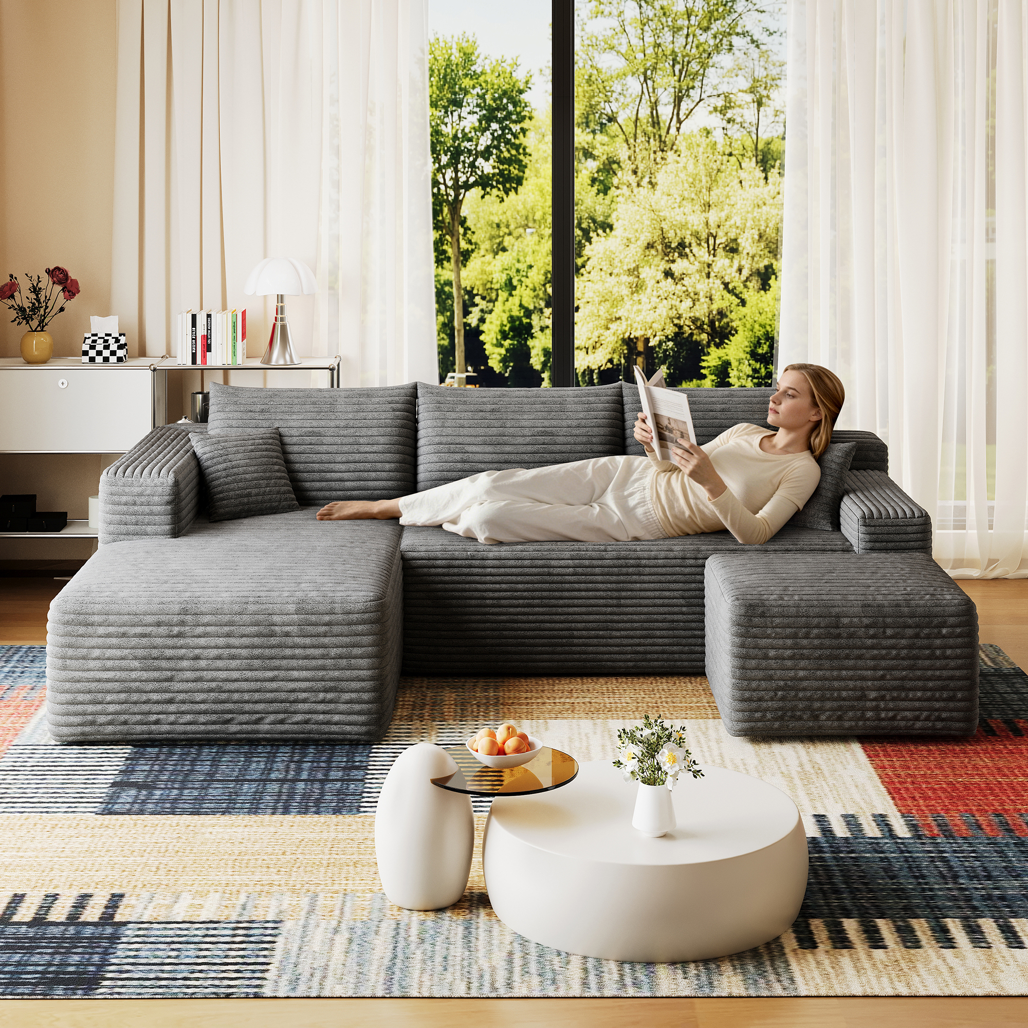 95" Cloud Sectional Sofa with 1 Ottoman,Modern Minimalist Upholstered Couches, Comfort U Shaped Sofa for Living Room,Deep Seat Corner Couch,No Assembly Required,Dark Grey((Plush Corduroy Fabric) - Image 2