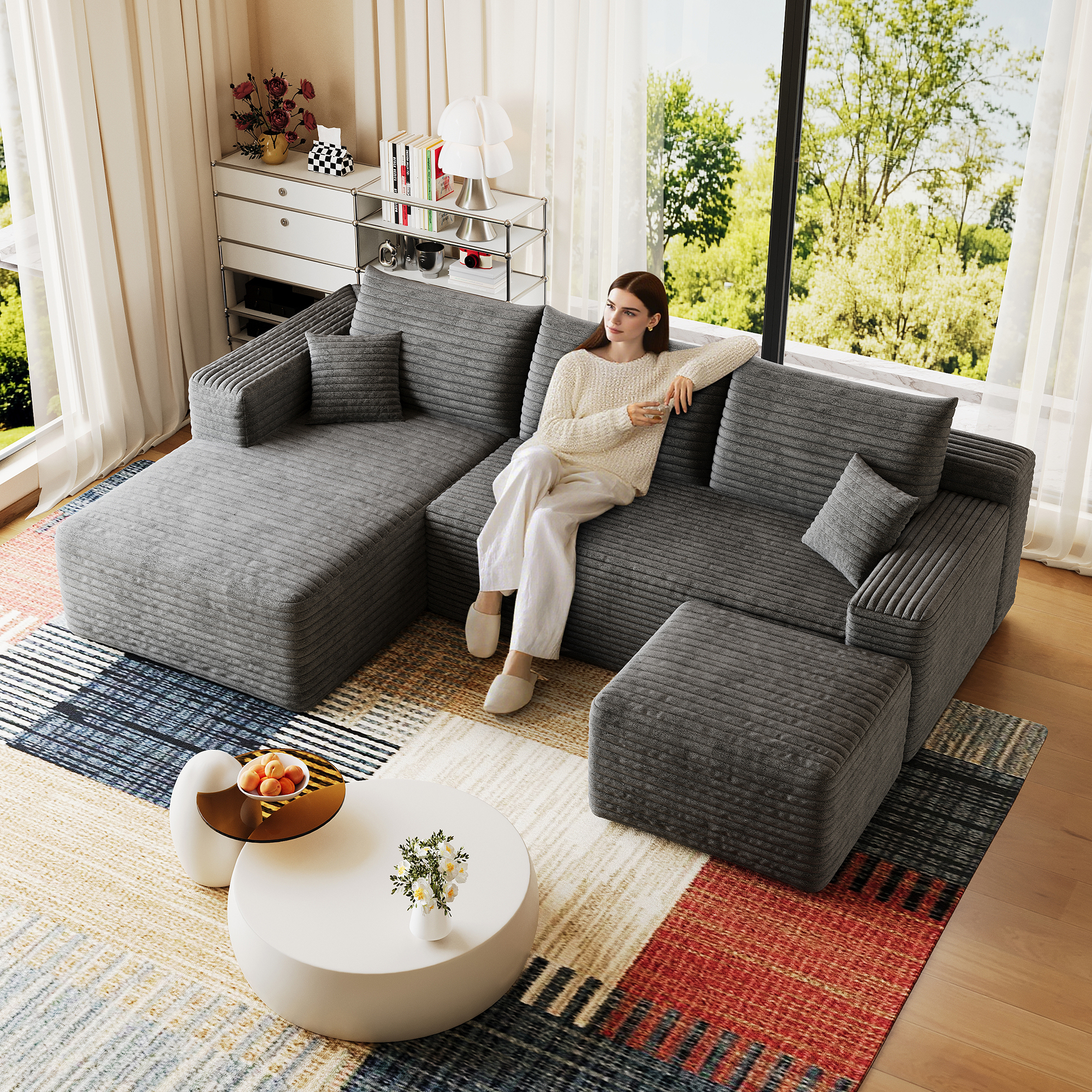 95" Cloud Sectional Sofa with 1 Ottoman,Modern Minimalist Upholstered Couches, Comfort U Shaped Sofa for Living Room,Deep Seat Corner Couch,No Assembly Required,Dark Grey((Plush Corduroy Fabric) - Image 3