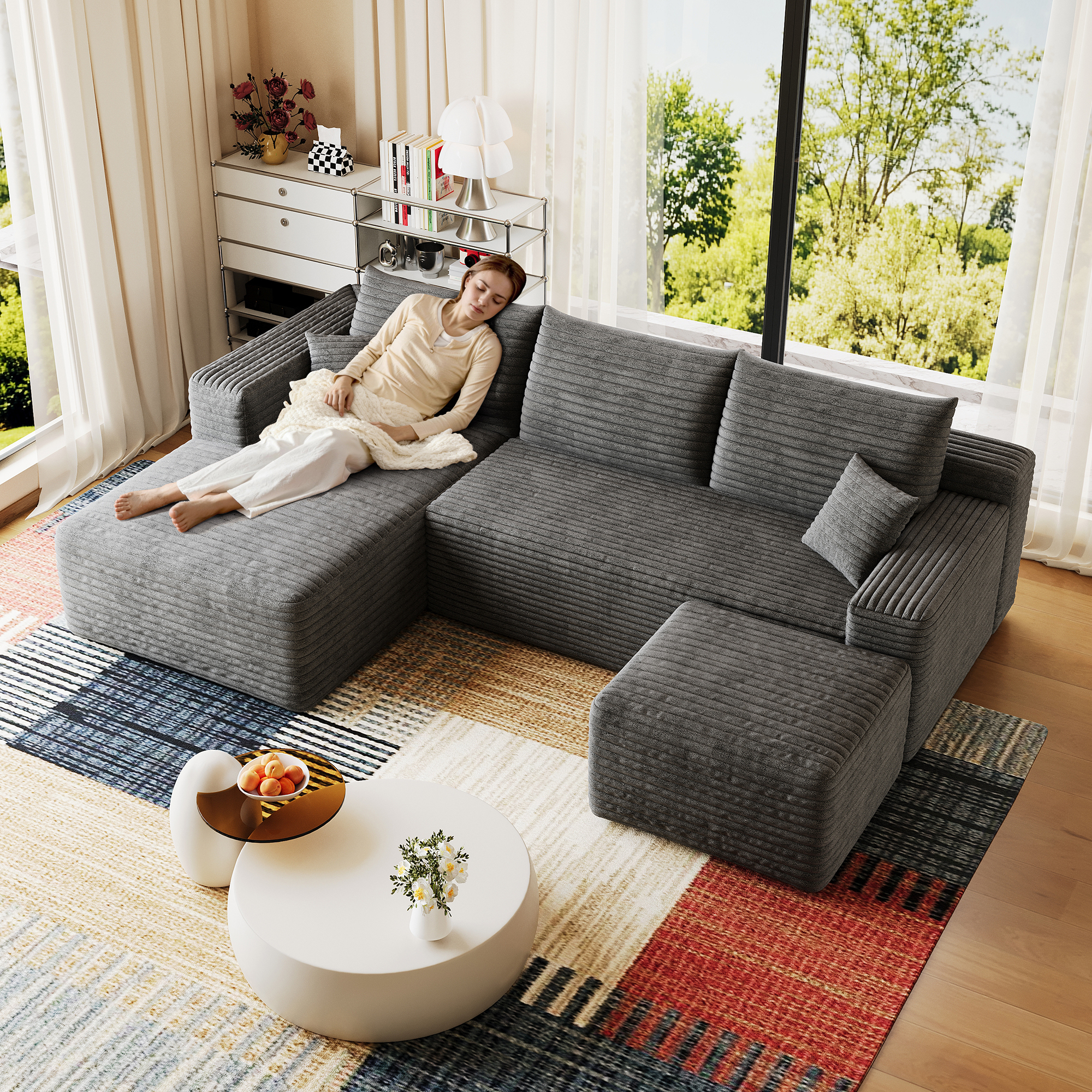 95" Cloud Sectional Sofa with 1 Ottoman,Modern Minimalist Upholstered Couches, Comfort U Shaped Sofa for Living Room,Deep Seat Corner Couch,No Assembly Required,Dark Grey((Plush Corduroy Fabric) - Image 4