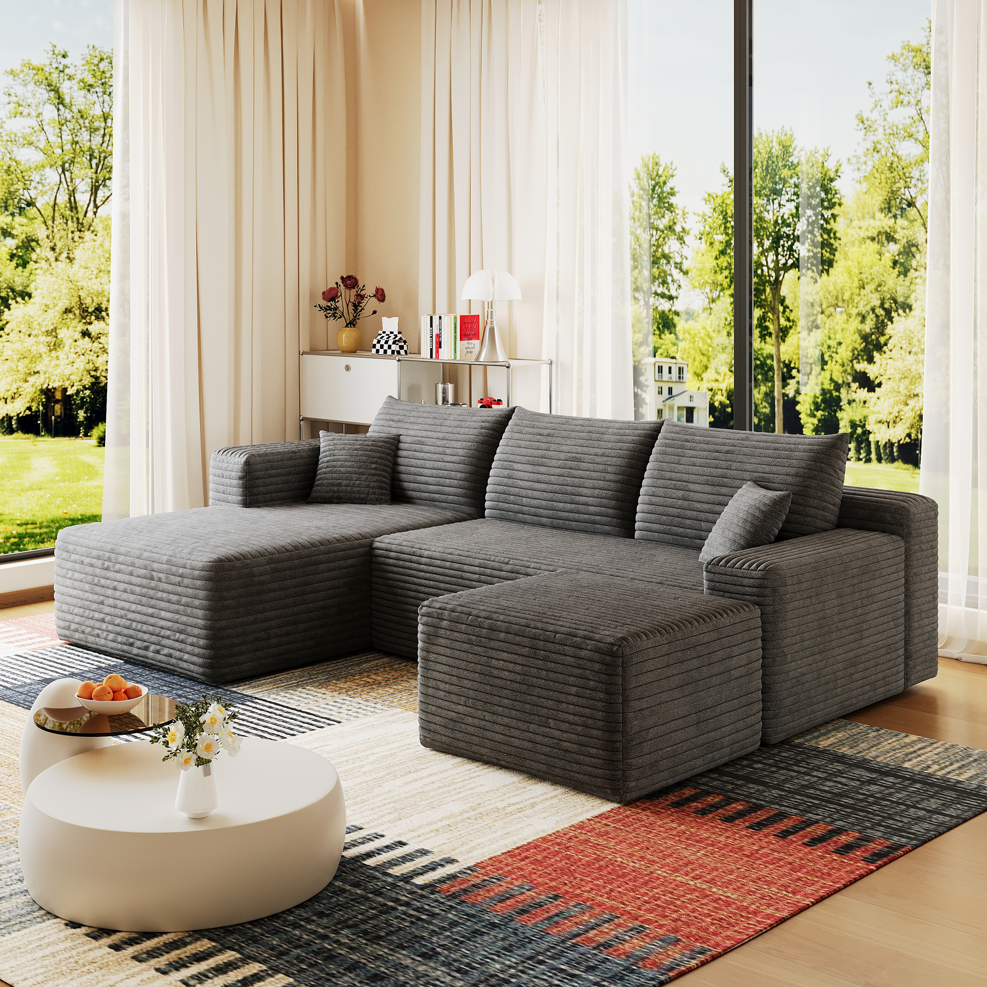 95" Cloud Sectional Sofa with 1 Ottoman,Modern Minimalist Upholstered Couches, Comfort U Shaped Sofa for Living Room,Deep Seat Corner Couch,No Assembly Required,Dark Grey((Plush Corduroy Fabric) - Image 5