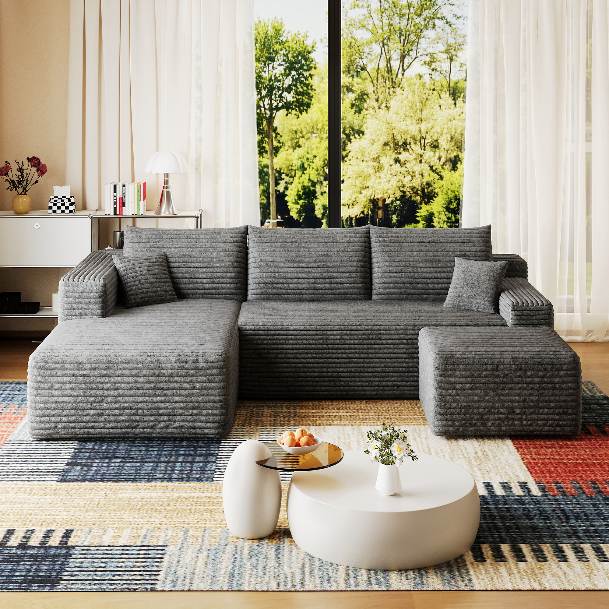 95" Cloud Sectional Sofa with 1 Ottoman,Modern Minimalist Upholstered Couches, Comfort U Shaped Sofa for Living Room,Deep Seat Corner Couch,No Assembly Required,Dark Grey((Plush Corduroy Fabric) - Image 6
