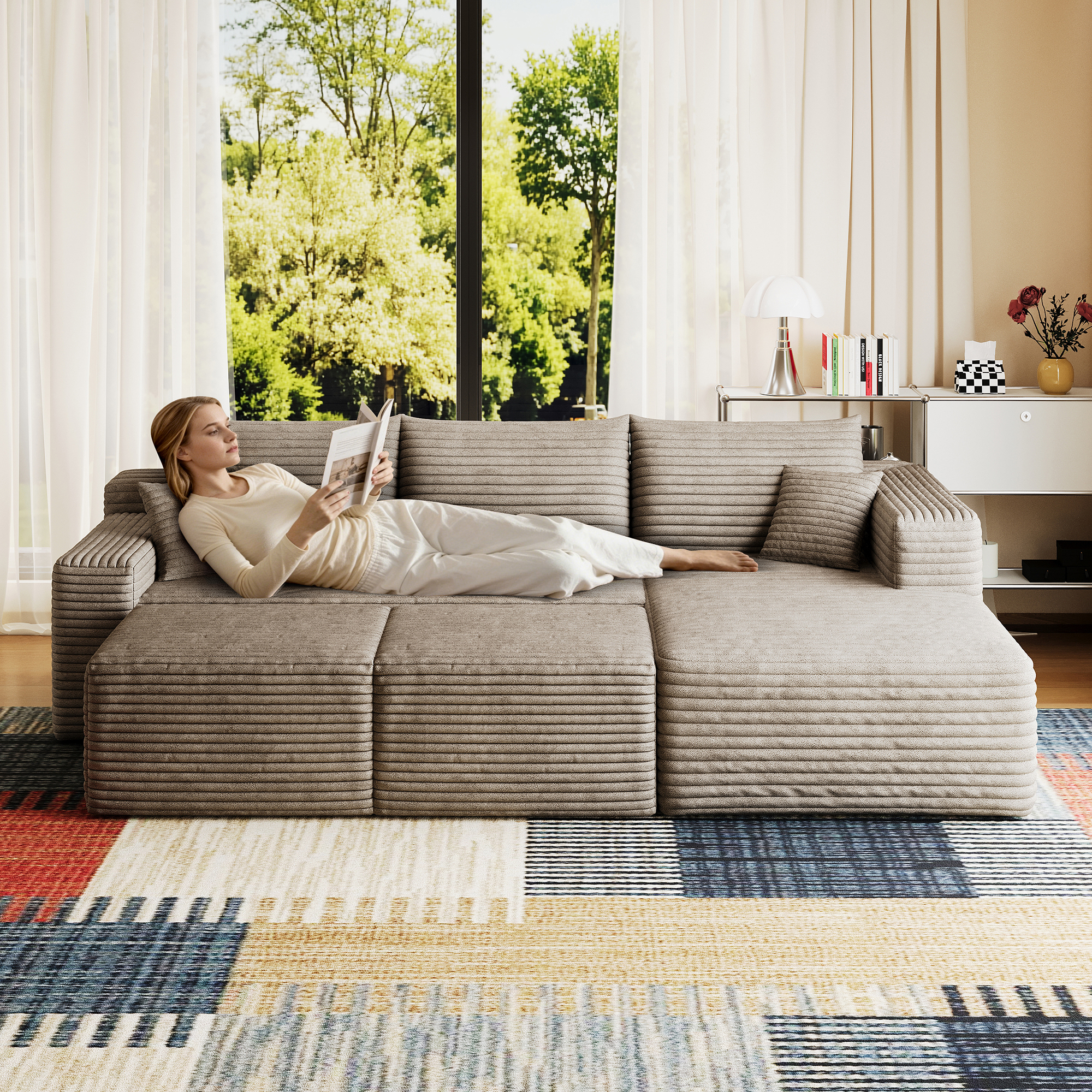 95" Cloud Sectional Sofa with 2 Ottoman,Modern Minimalist Upholstered Couches, Comfort U Shaped Sofa for Living Room,Deep Seat Corner Couch,No Assembly Required,Camel(Plush Corduroy Fabric) - Image 2