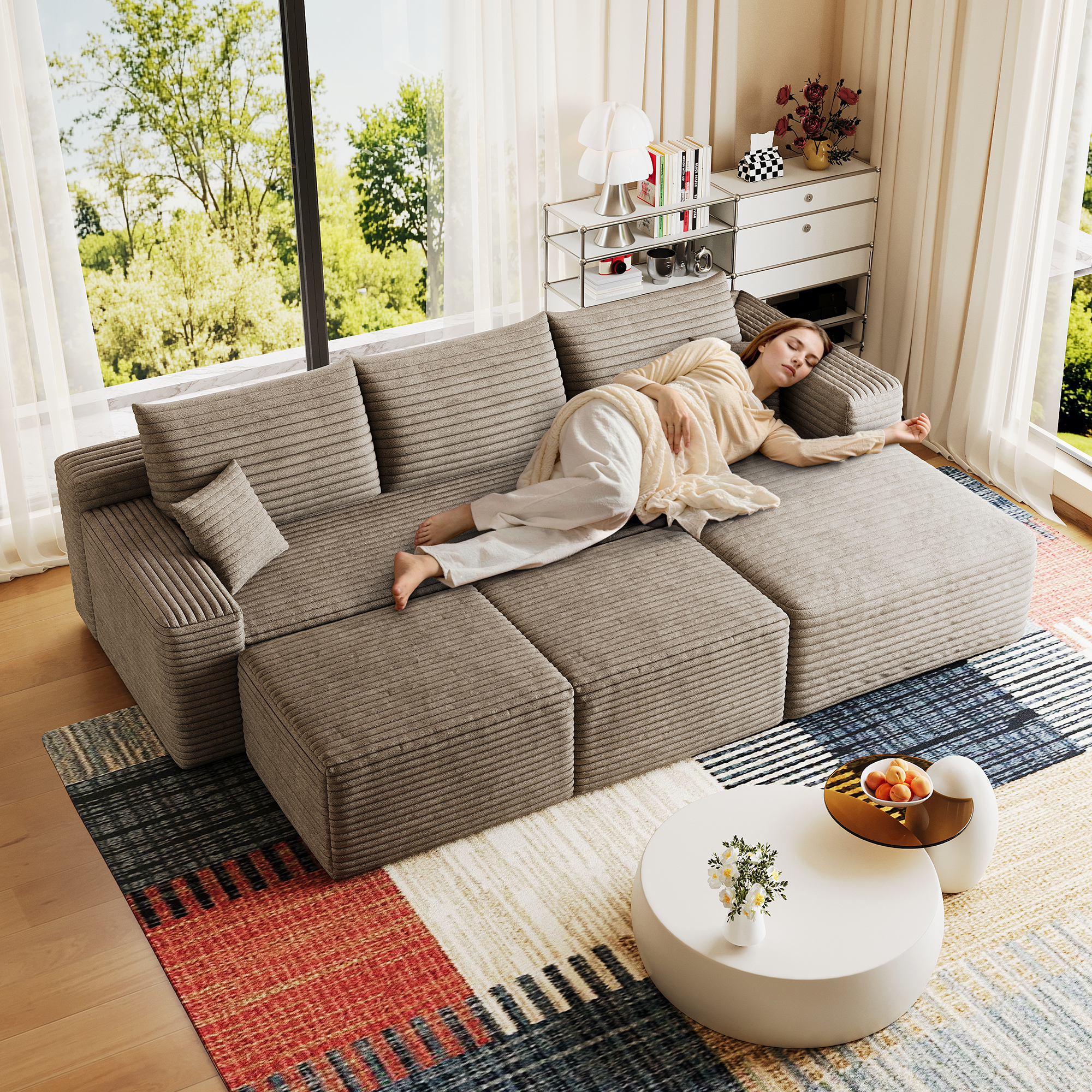 95" Cloud Sectional Sofa with 2 Ottoman,Modern Minimalist Upholstered Couches, Comfort U Shaped Sofa for Living Room,Deep Seat Corner Couch,No Assembly Required,Camel(Plush Corduroy Fabric) - Image 3