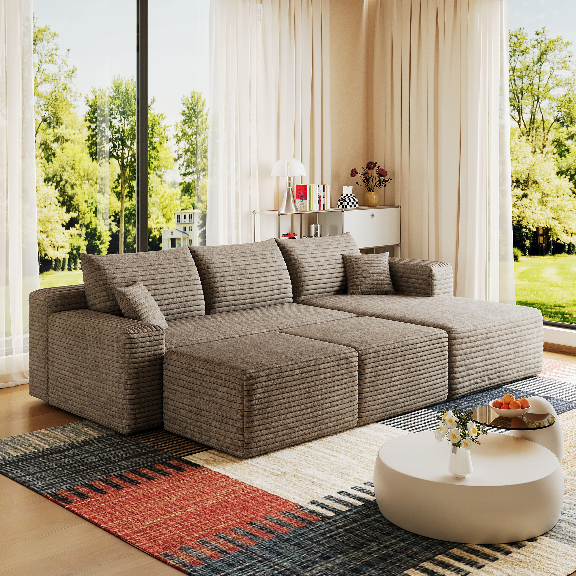 95" Cloud Sectional Sofa with 2 Ottoman,Modern Minimalist Upholstered Couches, Comfort U Shaped Sofa for Living Room,Deep Seat Corner Couch,No Assembly Required,Camel(Plush Corduroy Fabric) - Image 4