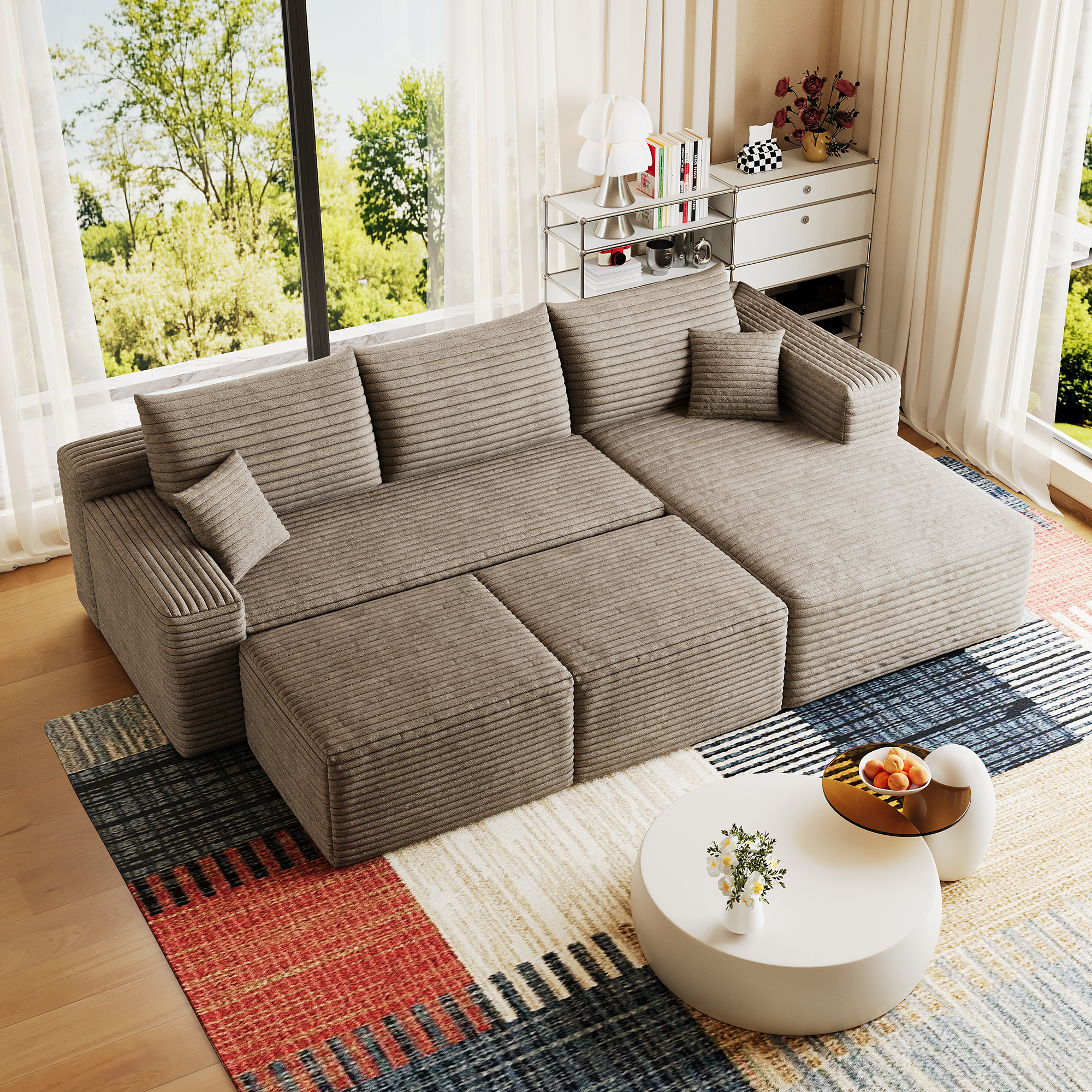 95" Cloud Sectional Sofa with 2 Ottoman,Modern Minimalist Upholstered Couches, Comfort U Shaped Sofa for Living Room,Deep Seat Corner Couch,No Assembly Required,Camel(Plush Corduroy Fabric) - Image 5