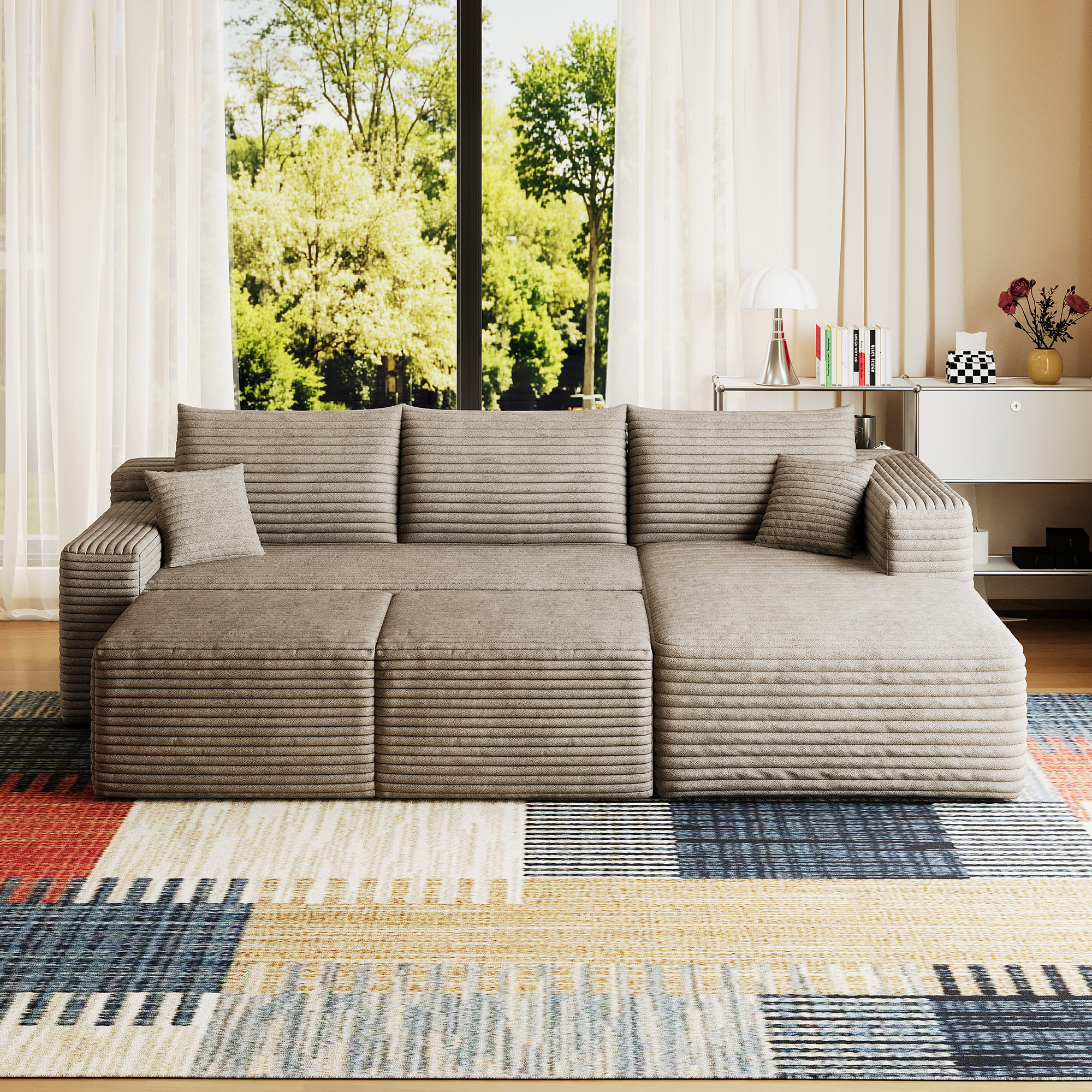 95" Cloud Sectional Sofa with 2 Ottoman,Modern Minimalist Upholstered Couches, Comfort U Shaped Sofa for Living Room,Deep Seat Corner Couch,No Assembly Required,Camel(Plush Corduroy Fabric) - Image 6