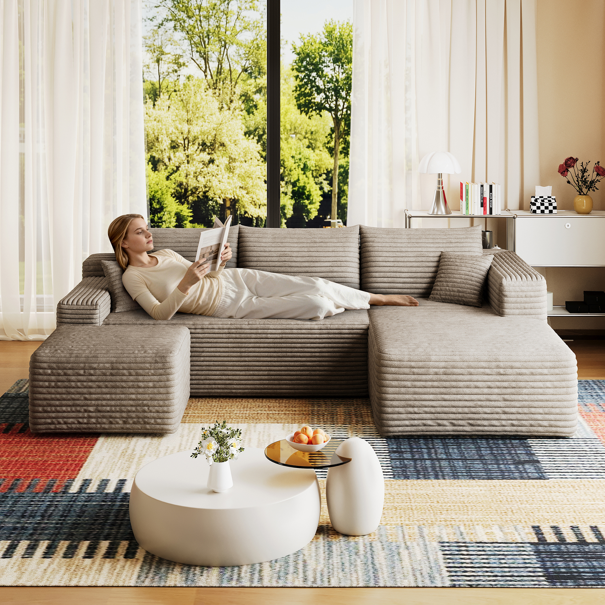 95" Cloud Sectional Sofa with 1 Ottoman,Modern Minimalist Upholstered Couches, Comfort U Shaped Sofa for Living Room,Deep Seat Corner Couch,No Assembly Required,Camel((Plush Corduroy Fabric) - Image 2