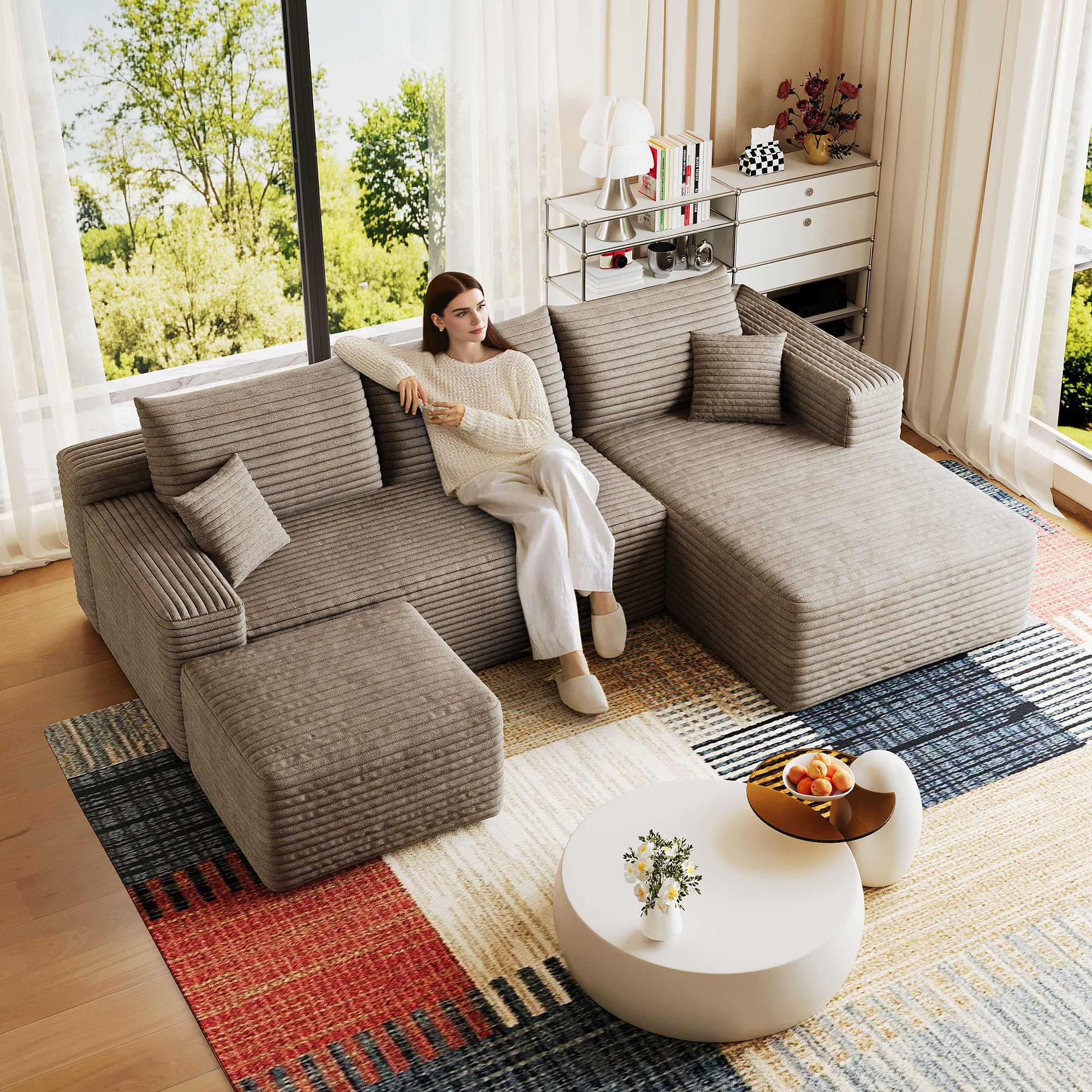 95" Cloud Sectional Sofa with 1 Ottoman,Modern Minimalist Upholstered Couches, Comfort U Shaped Sofa for Living Room,Deep Seat Corner Couch,No Assembly Required,Camel((Plush Corduroy Fabric) - Image 3
