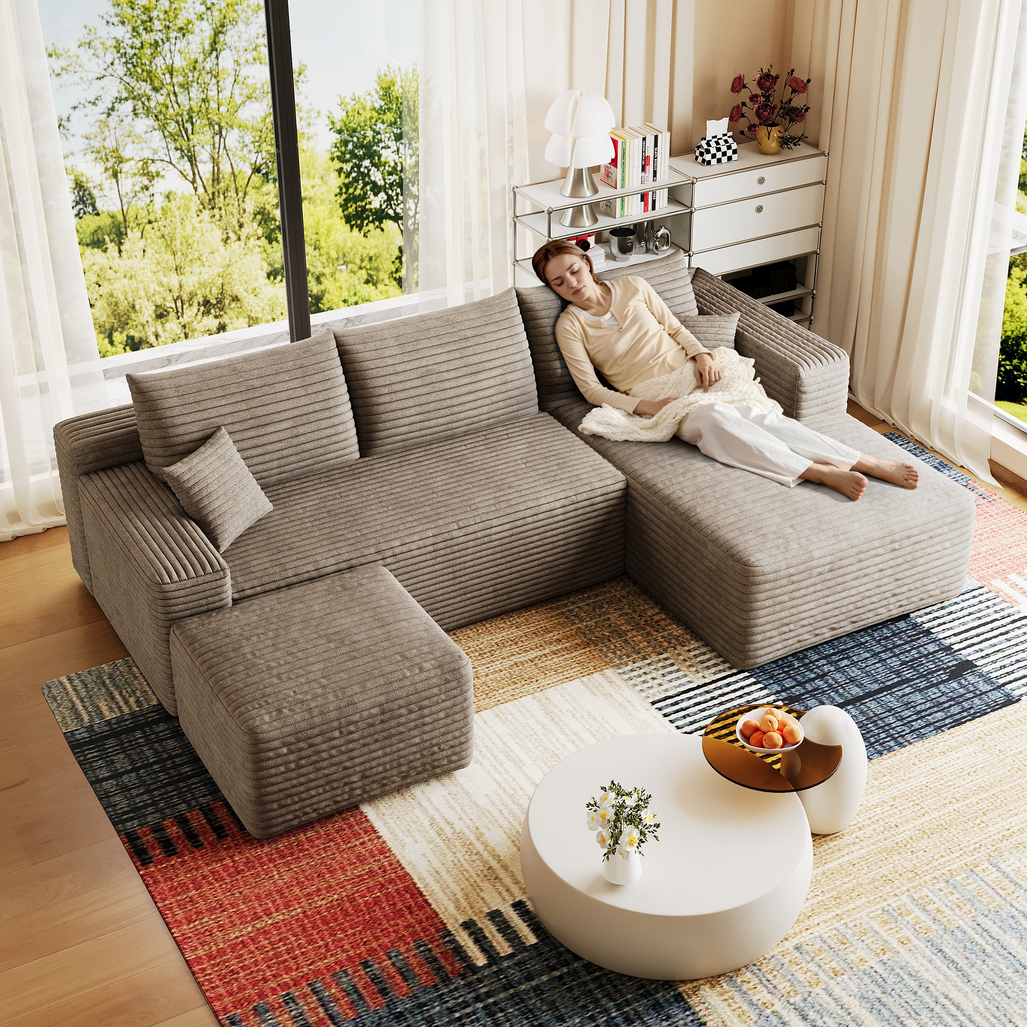 95" Cloud Sectional Sofa with 1 Ottoman,Modern Minimalist Upholstered Couches, Comfort U Shaped Sofa for Living Room,Deep Seat Corner Couch,No Assembly Required,Camel((Plush Corduroy Fabric) - Image 4