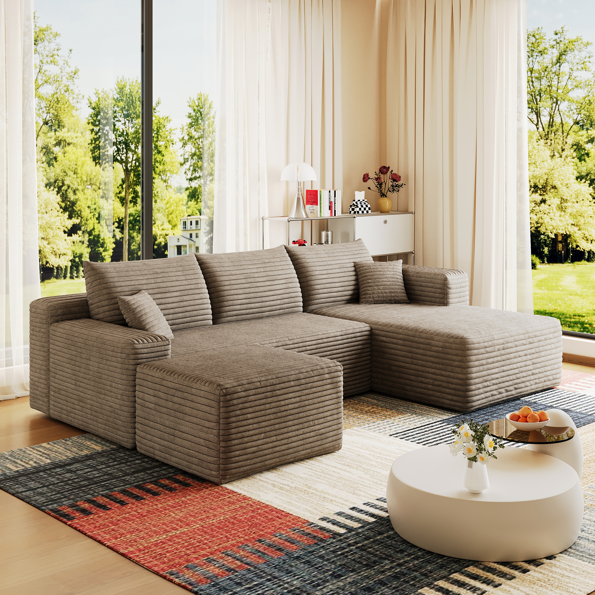 95" Cloud Sectional Sofa with 1 Ottoman,Modern Minimalist Upholstered Couches, Comfort U Shaped Sofa for Living Room,Deep Seat Corner Couch,No Assembly Required,Camel((Plush Corduroy Fabric) - Image 5