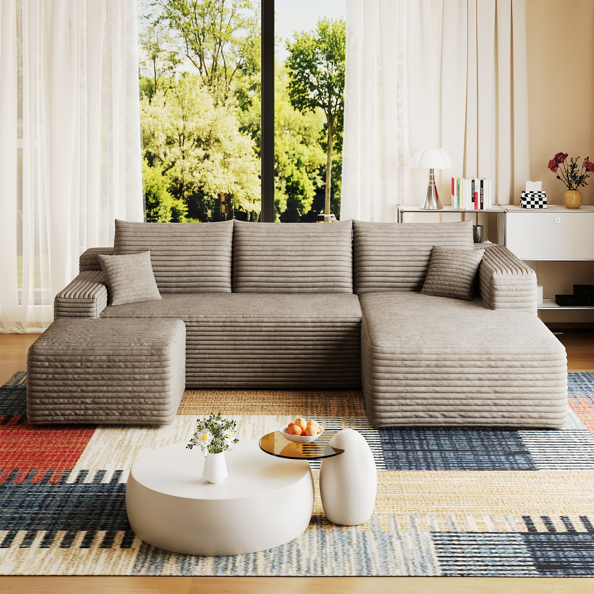 95" Cloud Sectional Sofa with 1 Ottoman,Modern Minimalist Upholstered Couches, Comfort U Shaped Sofa for Living Room,Deep Seat Corner Couch,No Assembly Required,Camel((Plush Corduroy Fabric) - Image 6