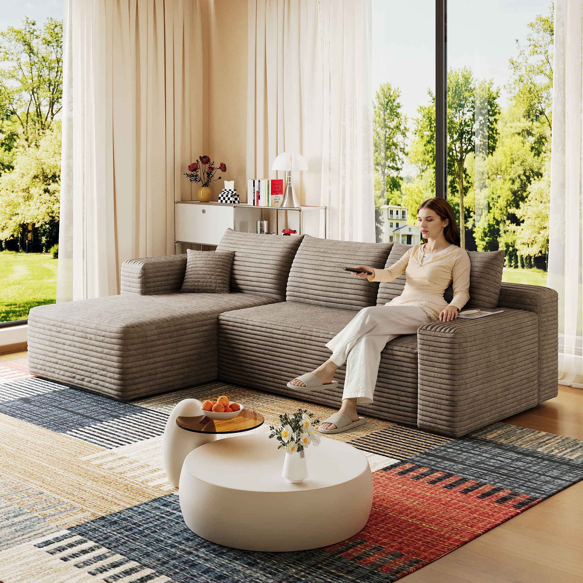 95" Cloud Sectional Sofa,Modern Minimalist Upholstered Couches, Comfort U Shaped Sofa for Living Room,Deep Seat Corner Couch,No Assembly Required,Camel( (Plush Corduroy Fabric) - Image 2