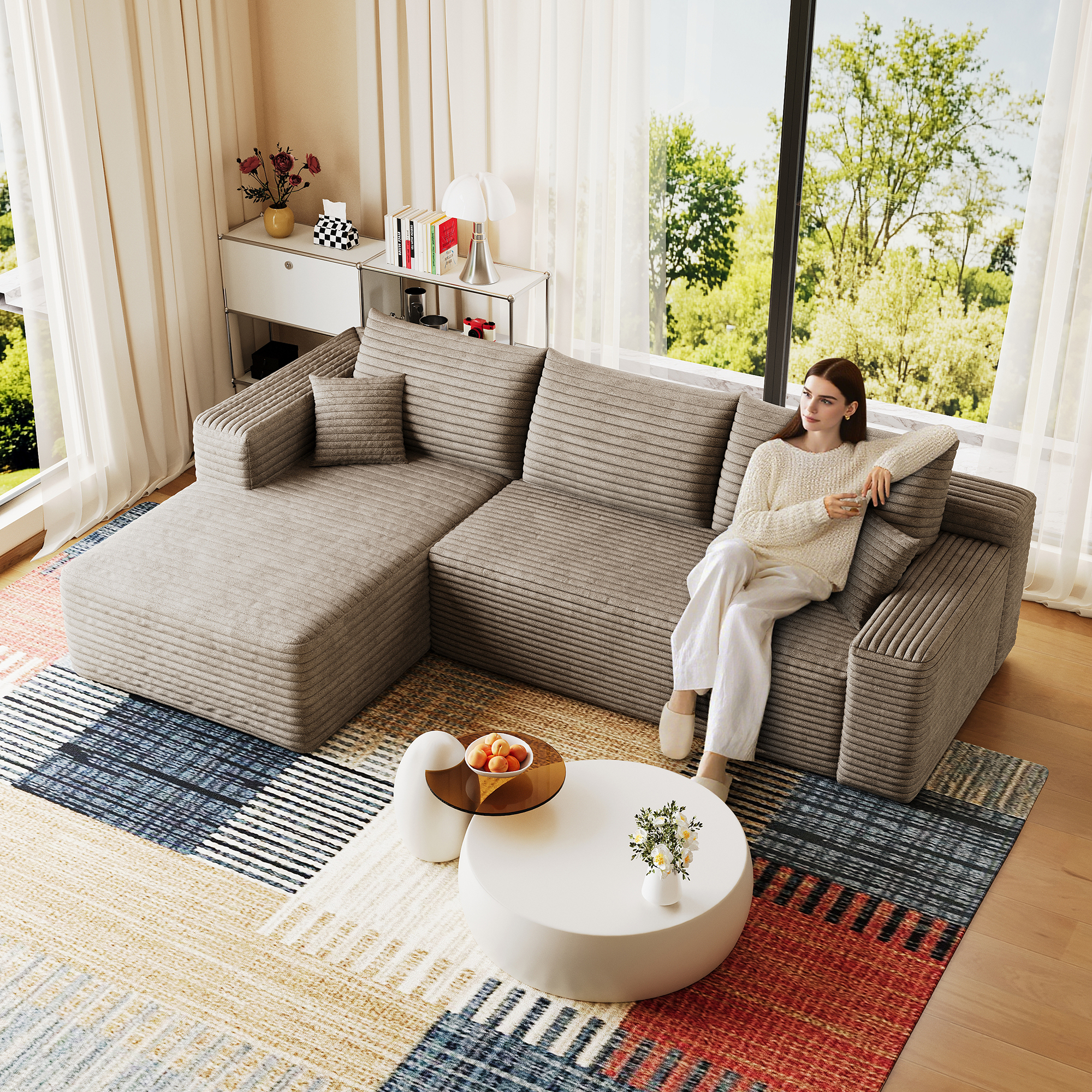95" Cloud Sectional Sofa,Modern Minimalist Upholstered Couches, Comfort U Shaped Sofa for Living Room,Deep Seat Corner Couch,No Assembly Required,Camel( (Plush Corduroy Fabric) - Image 3