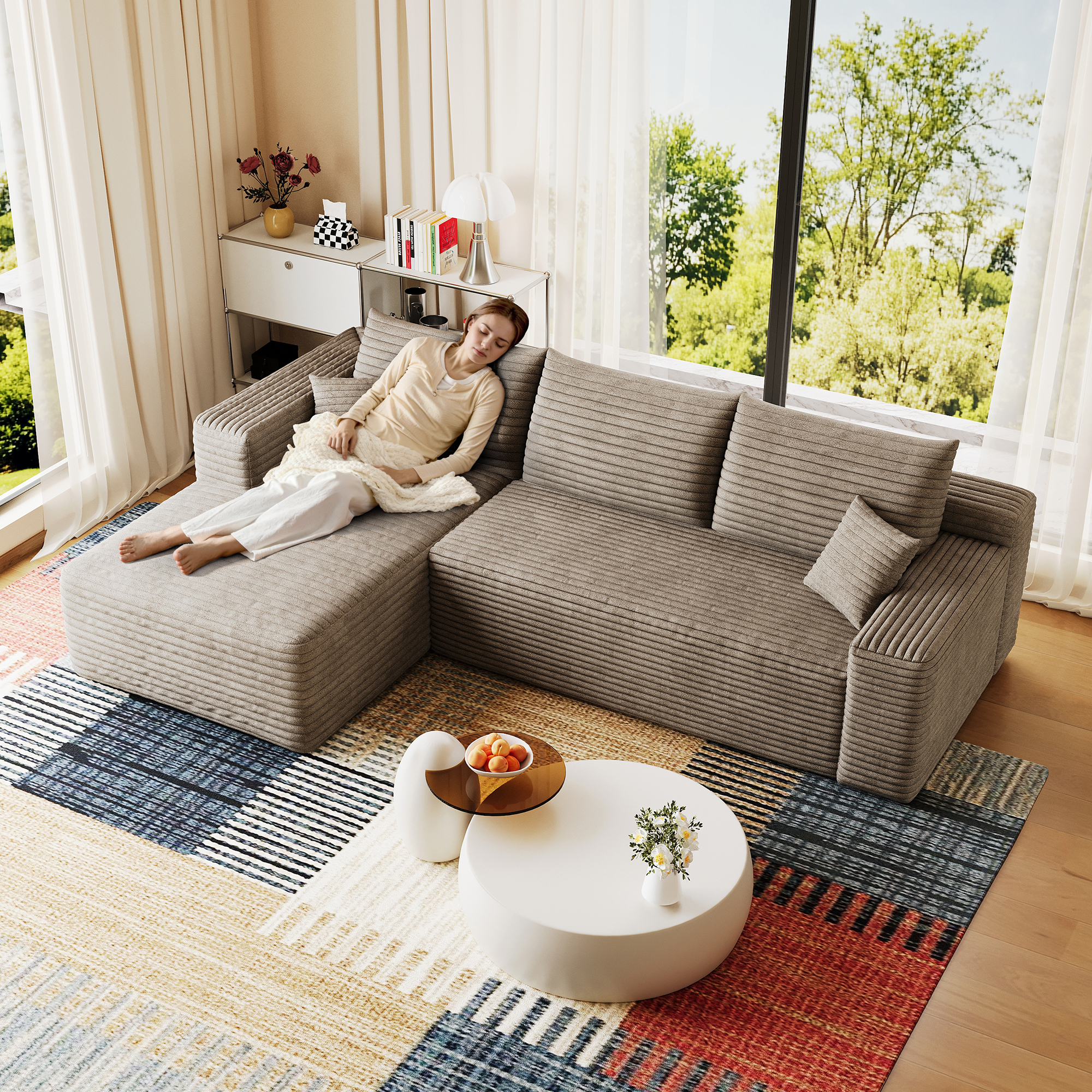 95" Cloud Sectional Sofa,Modern Minimalist Upholstered Couches, Comfort U Shaped Sofa for Living Room,Deep Seat Corner Couch,No Assembly Required,Camel( (Plush Corduroy Fabric) - Image 4