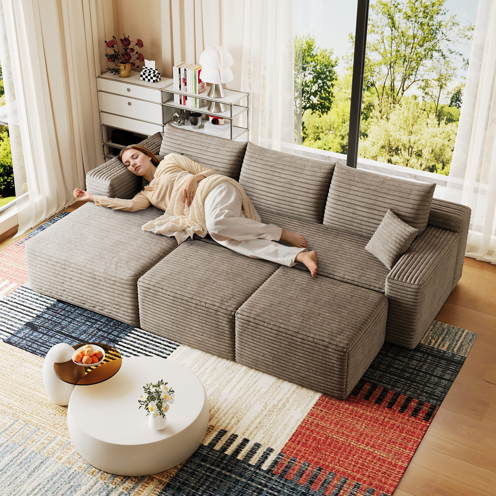 95" Cloud Sectional Sofa with 2 Ottoman,Modern Minimalist Upholstered Couches, Comfort U Shaped Sofa for Living Room,Deep Seat Corner Couch,No Assembly Required,Camel(Plush Corduroy Fabric) - Image 2