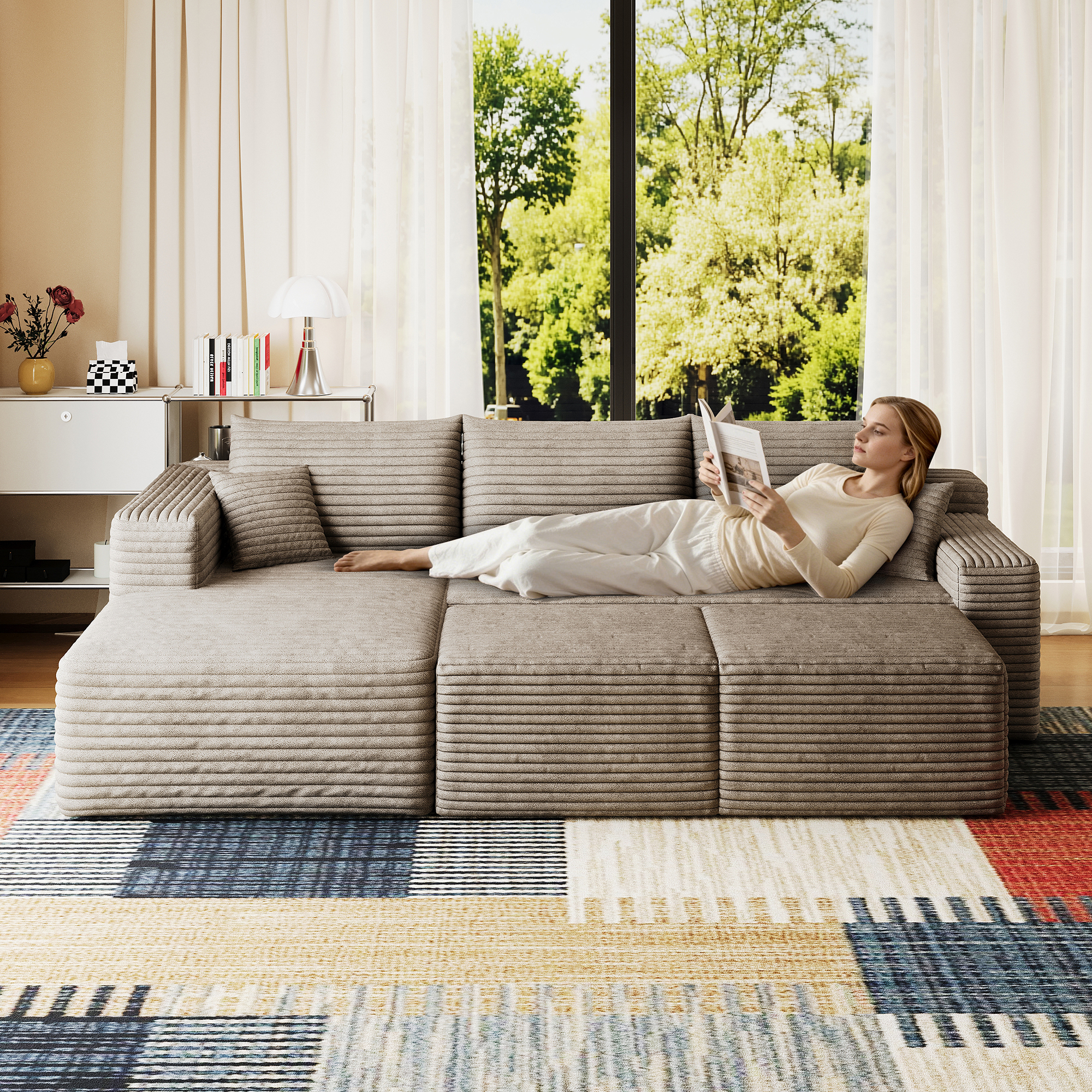 95" Cloud Sectional Sofa with 2 Ottoman,Modern Minimalist Upholstered Couches, Comfort U Shaped Sofa for Living Room,Deep Seat Corner Couch,No Assembly Required,Camel(Plush Corduroy Fabric) - Image 3