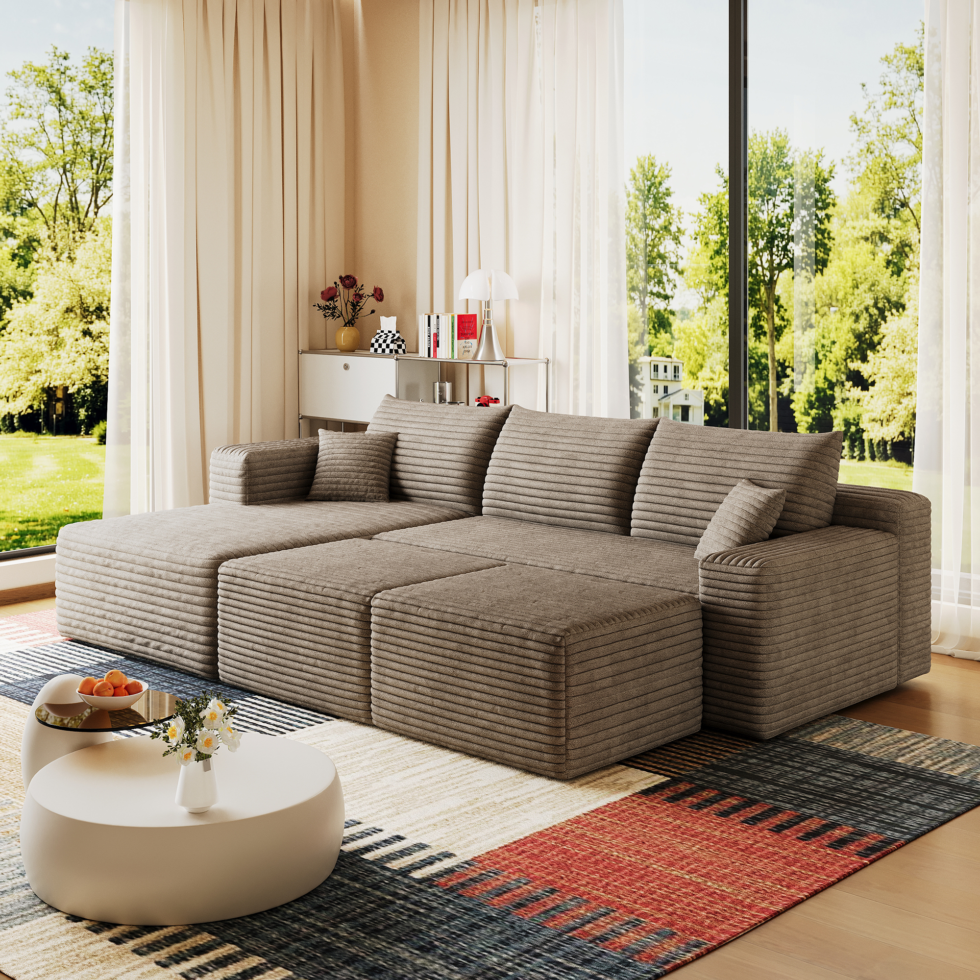 95" Cloud Sectional Sofa with 2 Ottoman,Modern Minimalist Upholstered Couches, Comfort U Shaped Sofa for Living Room,Deep Seat Corner Couch,No Assembly Required,Camel(Plush Corduroy Fabric) - Image 4