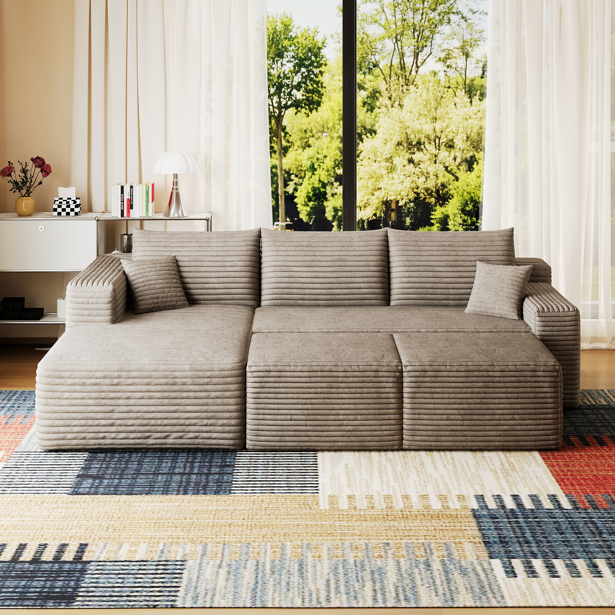 95" Cloud Sectional Sofa with 2 Ottoman,Modern Minimalist Upholstered Couches, Comfort U Shaped Sofa for Living Room,Deep Seat Corner Couch,No Assembly Required,Camel(Plush Corduroy Fabric) - Image 5