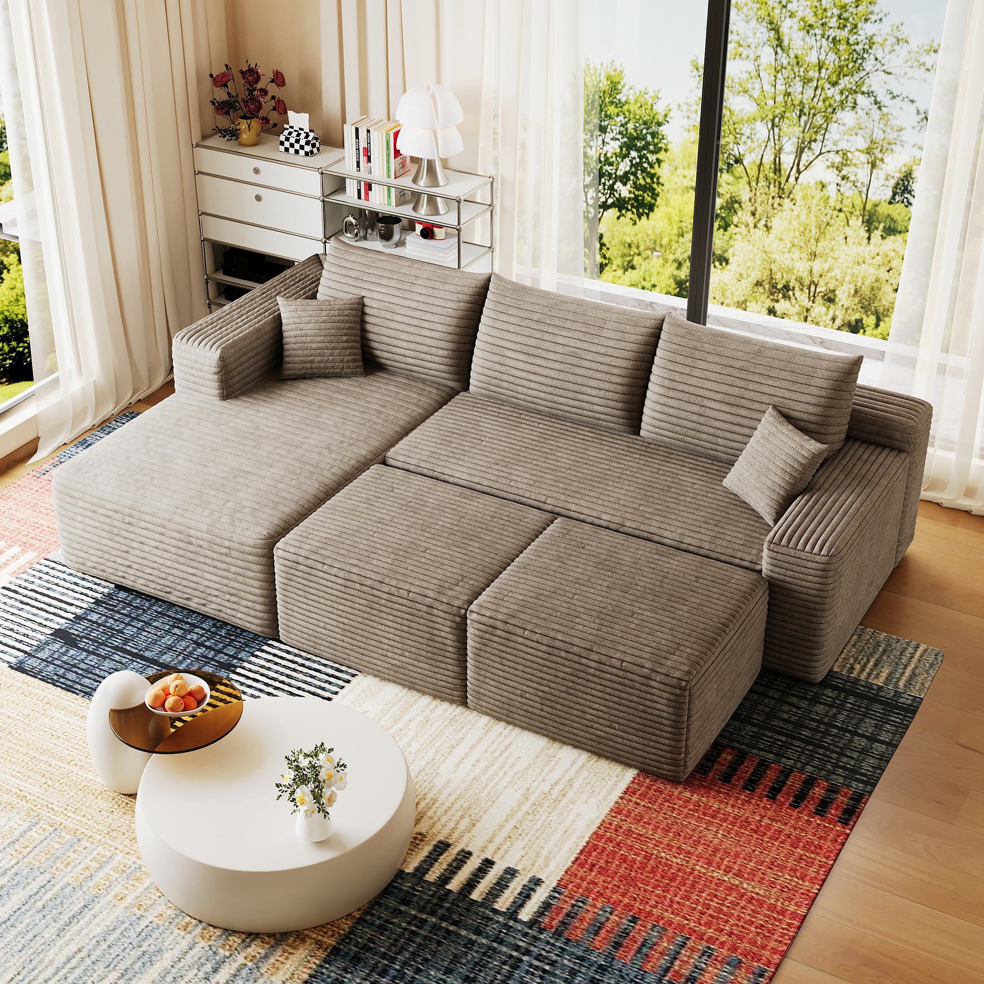 95" Cloud Sectional Sofa with 2 Ottoman,Modern Minimalist Upholstered Couches, Comfort U Shaped Sofa for Living Room,Deep Seat Corner Couch,No Assembly Required,Camel(Plush Corduroy Fabric) - Image 6