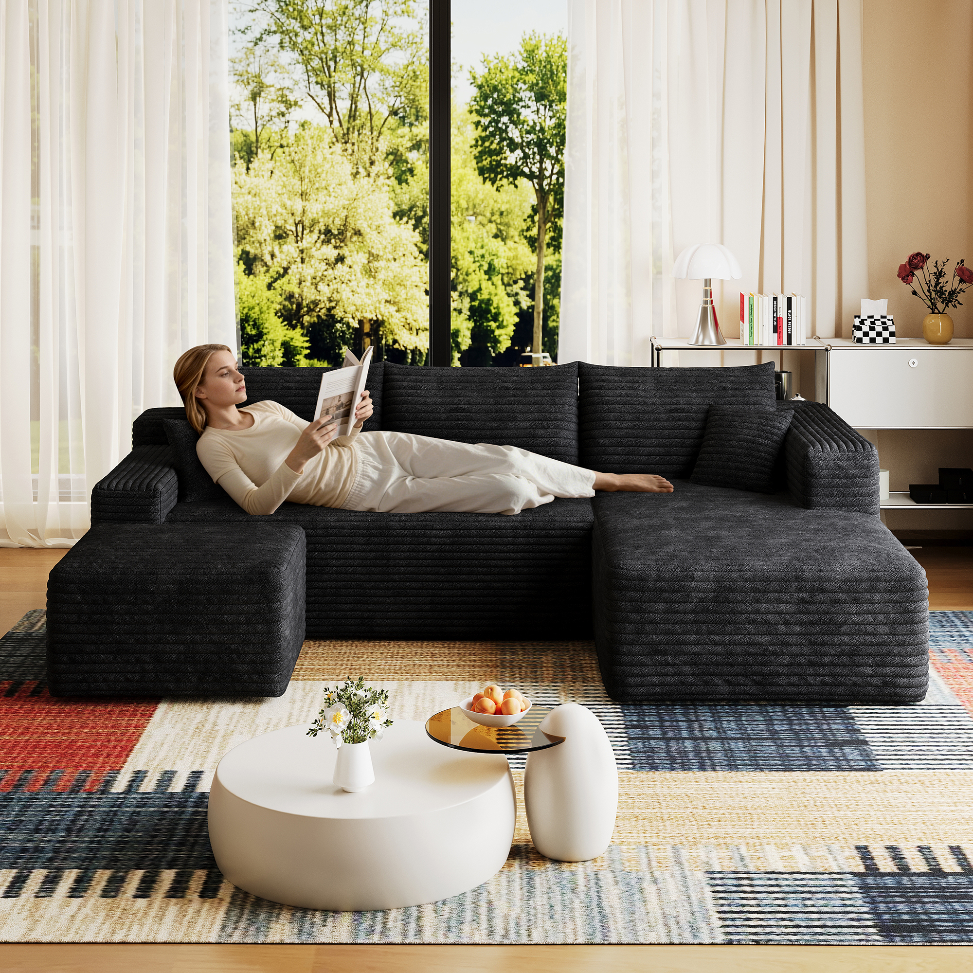 95" Cloud Sectional Sofa with 1 Ottoman,Modern Minimalist Upholstered Couches, Comfort U Shaped Sofa for Living Room,Deep Seat Corner Couch,No Assembly Required,Black (Plush Corduroy Fabric) - Image 2