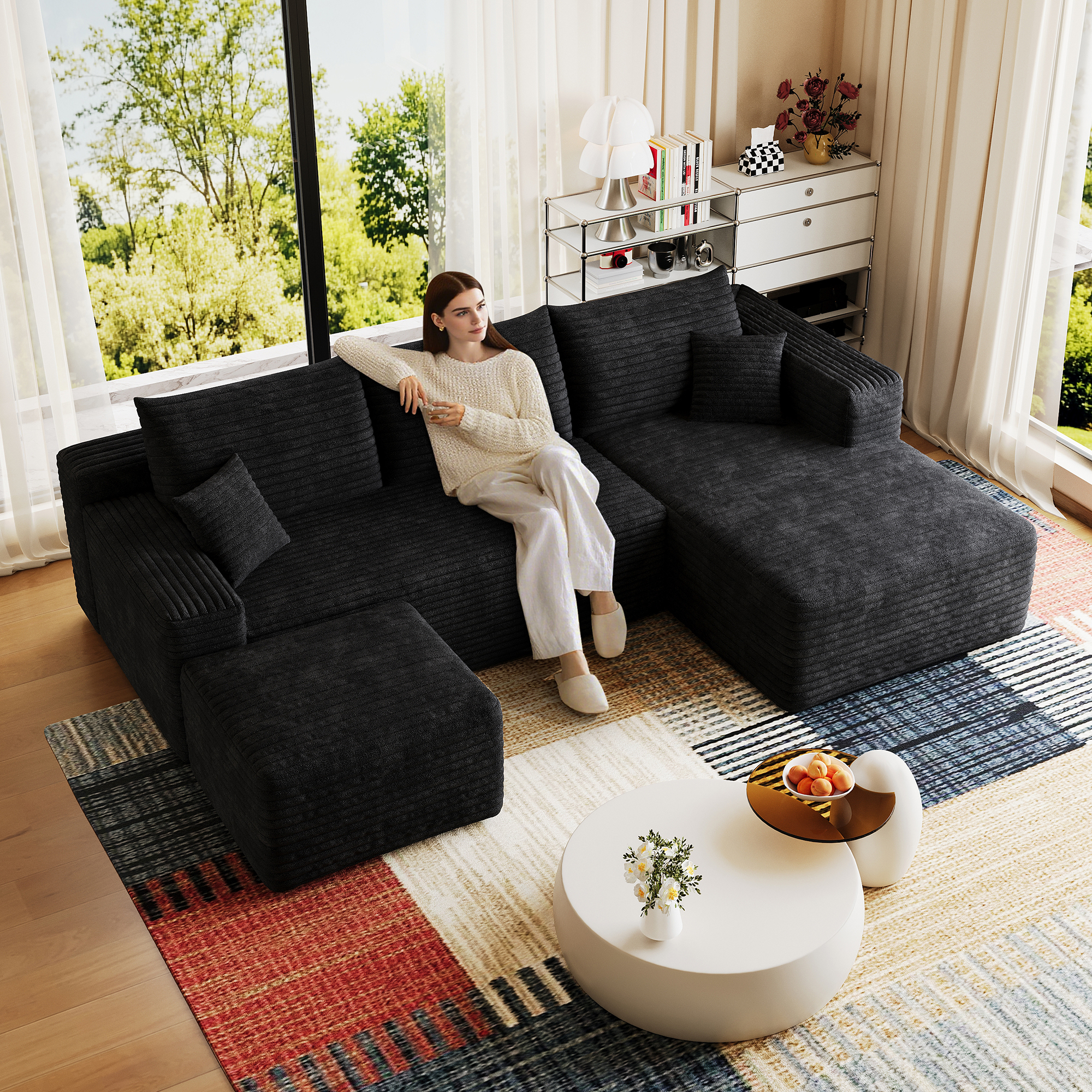 95" Cloud Sectional Sofa with 1 Ottoman,Modern Minimalist Upholstered Couches, Comfort U Shaped Sofa for Living Room,Deep Seat Corner Couch,No Assembly Required,Black (Plush Corduroy Fabric) - Image 3